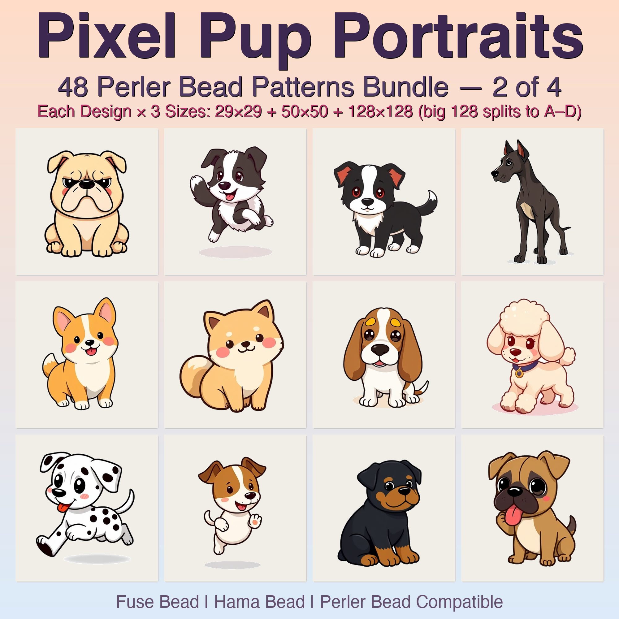 Pixel Pup Portraits Perler Bead Patterns, 48 Designs x 3 Grid Sizes (29x29 + 50x50 + 128x128), Fuse Bead PDF Digital Download