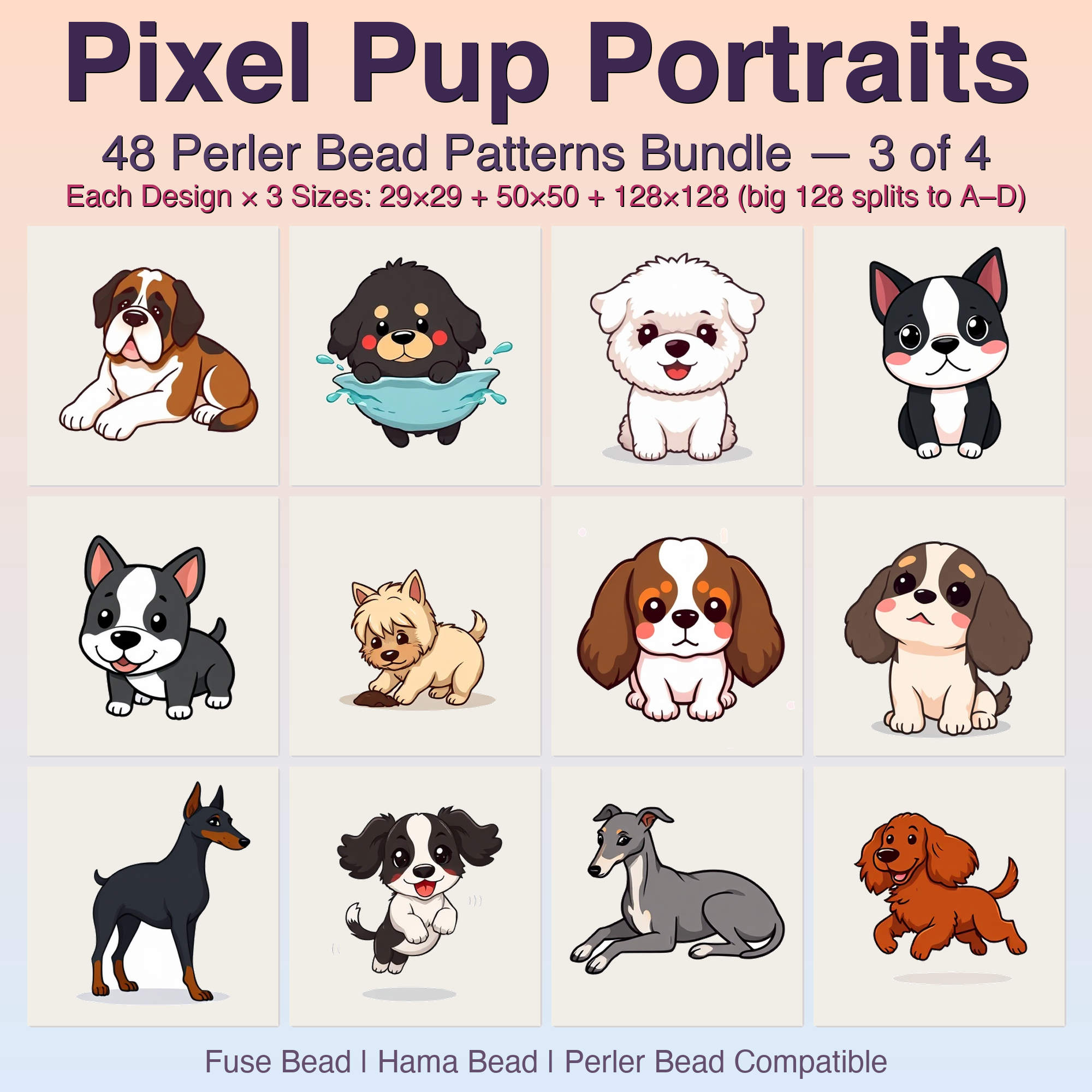 Pixel Pup Portraits Perler Bead Patterns, 48 Designs x 3 Grid Sizes (29x29 + 50x50 + 128x128), Fuse Bead PDF Digital Download