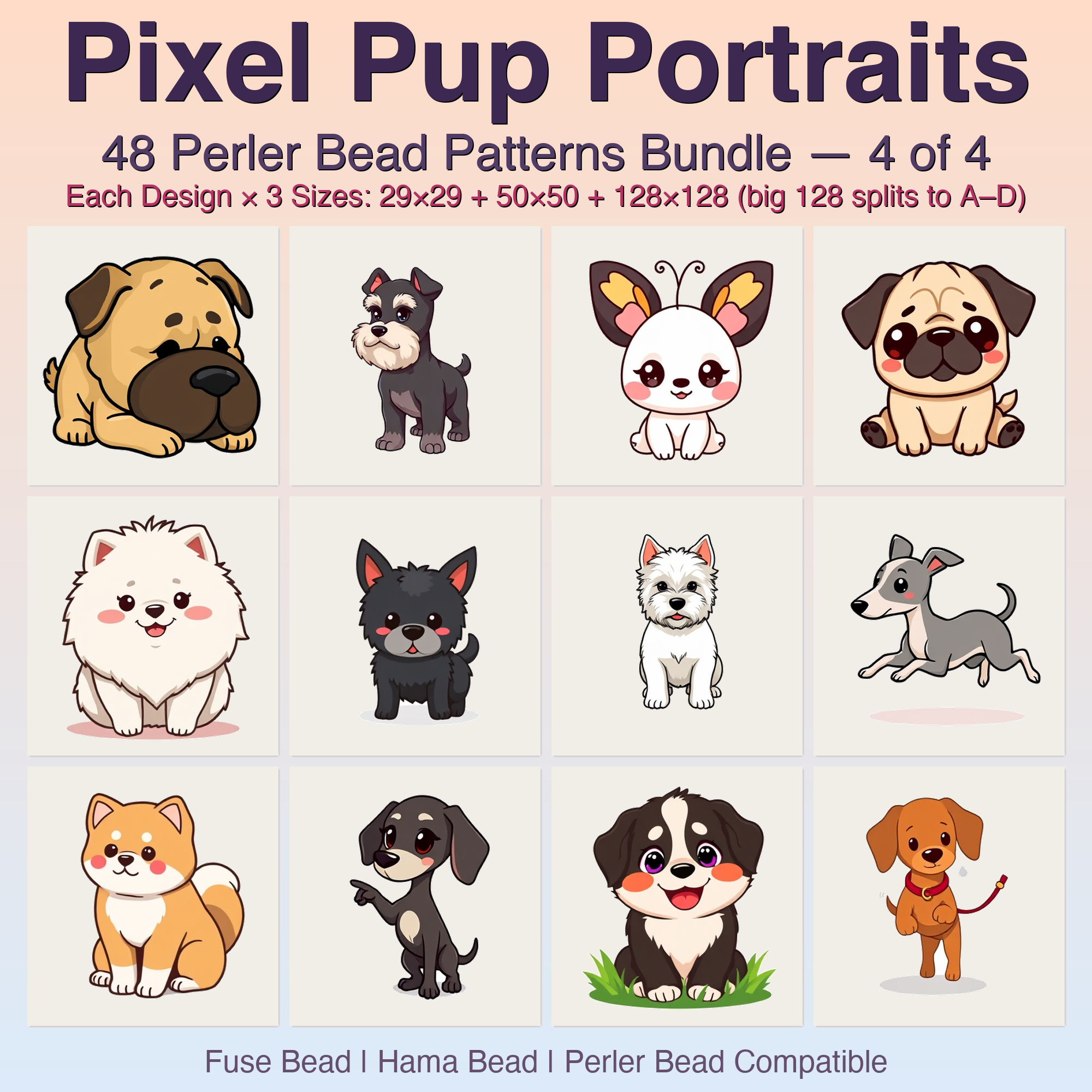 Pixel Pup Portraits Perler Bead Patterns, 48 Designs x 3 Grid Sizes (29x29 + 50x50 + 128x128), Fuse Bead PDF Digital Download