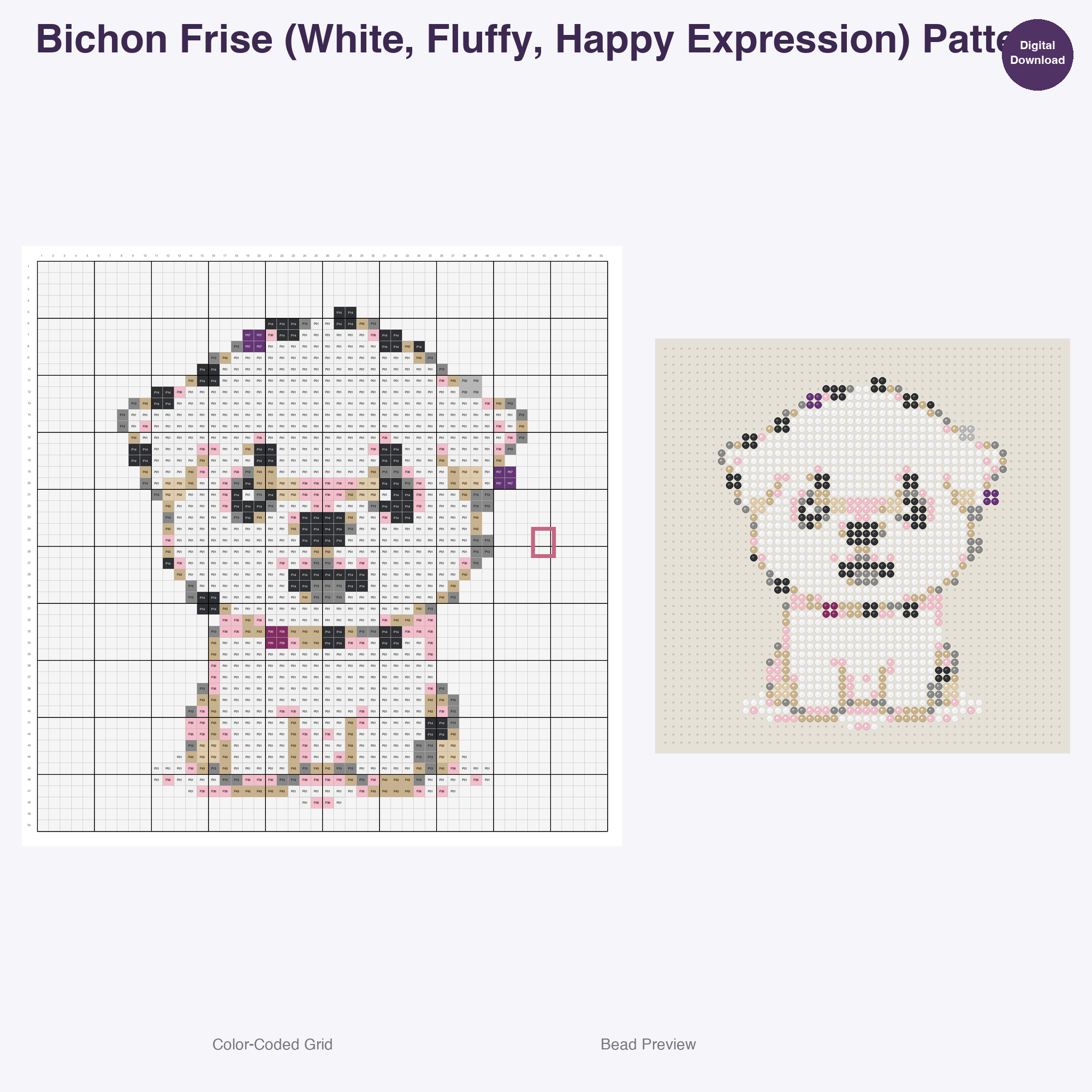 Pixel Pup Portraits Perler Bead Patterns, 48 Designs x 3 Grid Sizes (29x29 + 50x50 + 128x128), Fuse Bead PDF Digital Download