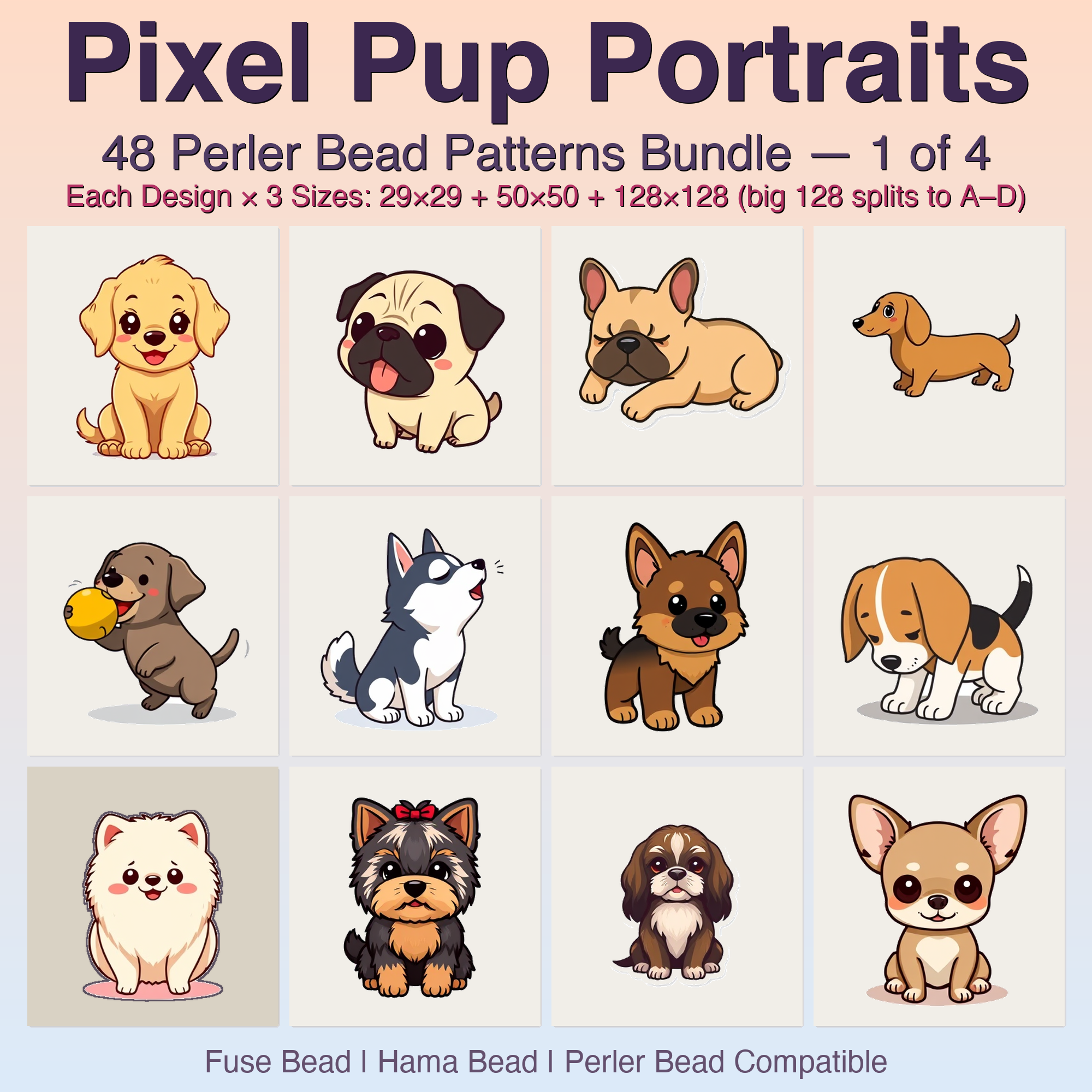 Pixel Pup Portraits Perler Bead Patterns, 48 Designs x 3 Grid Sizes (29x29 + 50x50 + 128x128), Fuse Bead PDF Digital Download