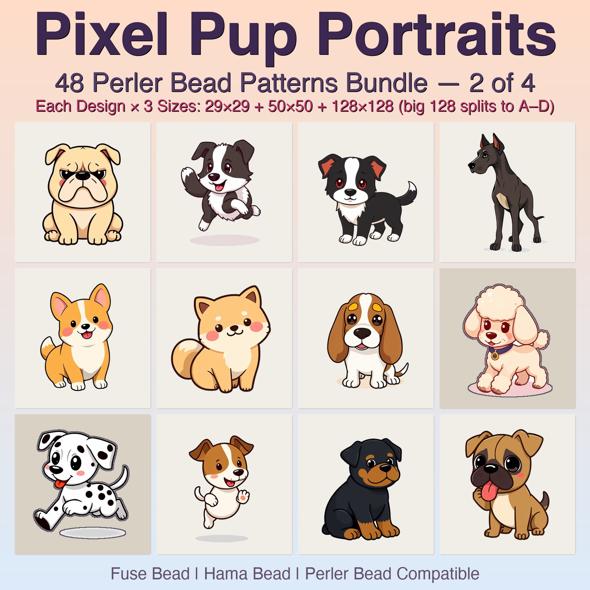 Pixel Pup Portraits Perler Bead Patterns, 48 Designs x 3 Grid Sizes (29x29 + 50x50 + 128x128), Fuse Bead PDF Digital Download
