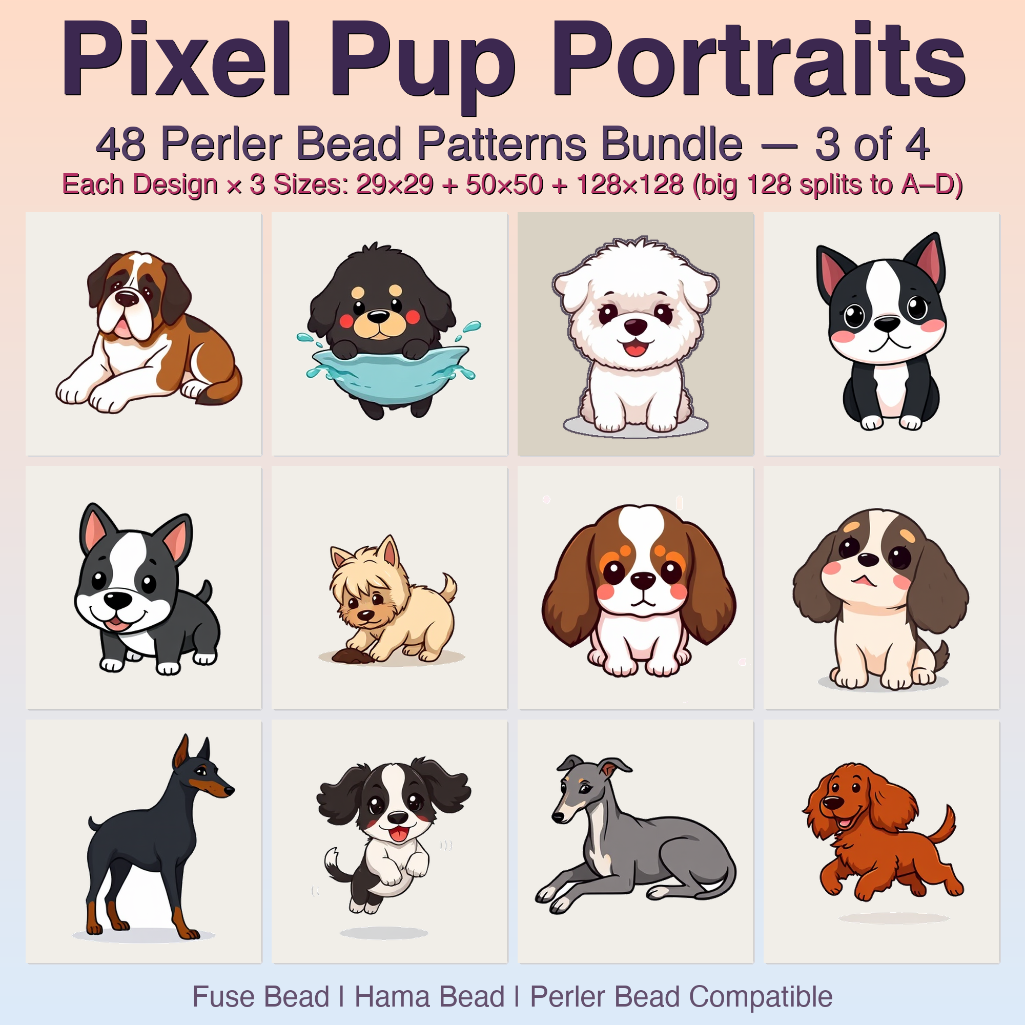 Pixel Pup Portraits Perler Bead Patterns, 48 Designs x 3 Grid Sizes (29x29 + 50x50 + 128x128), Fuse Bead PDF Digital Download