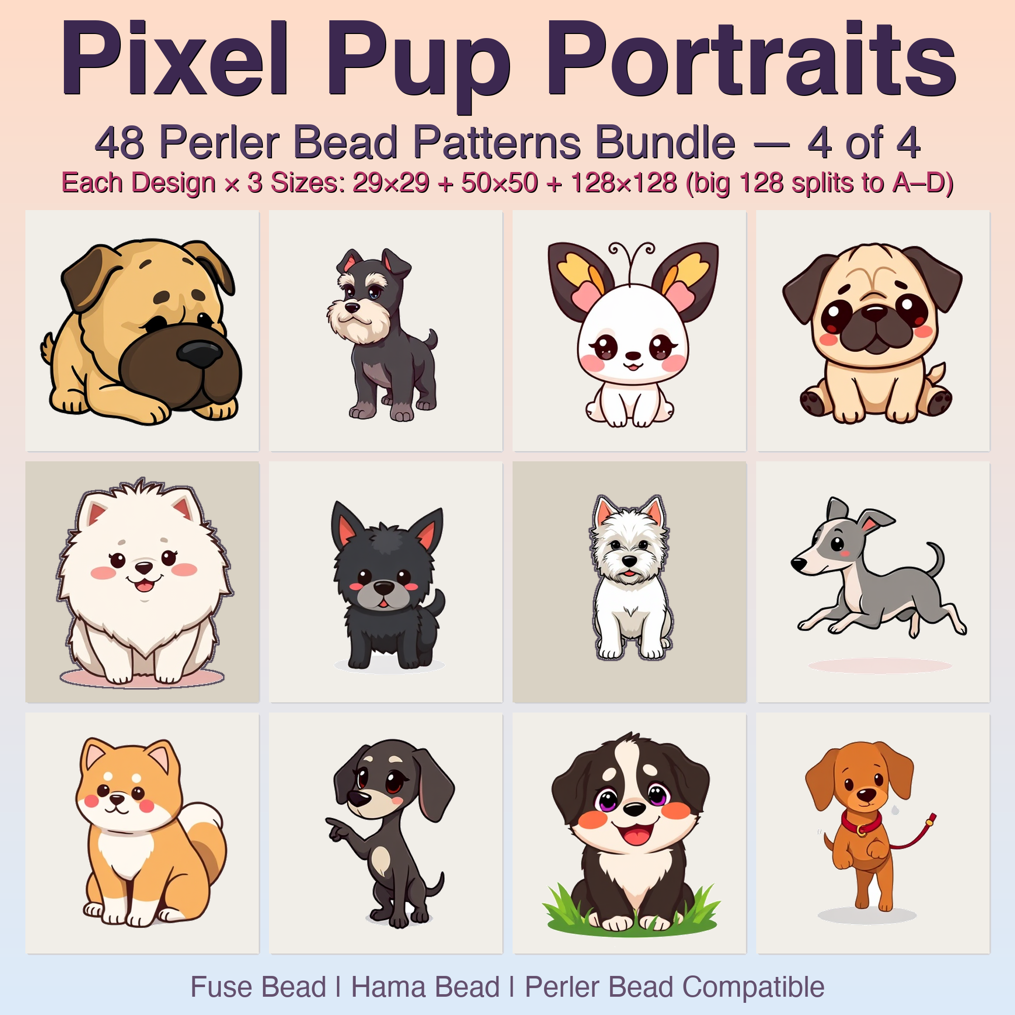 Pixel Pup Portraits Perler Bead Patterns, 48 Designs x 3 Grid Sizes (29x29 + 50x50 + 128x128), Fuse Bead PDF Digital Download