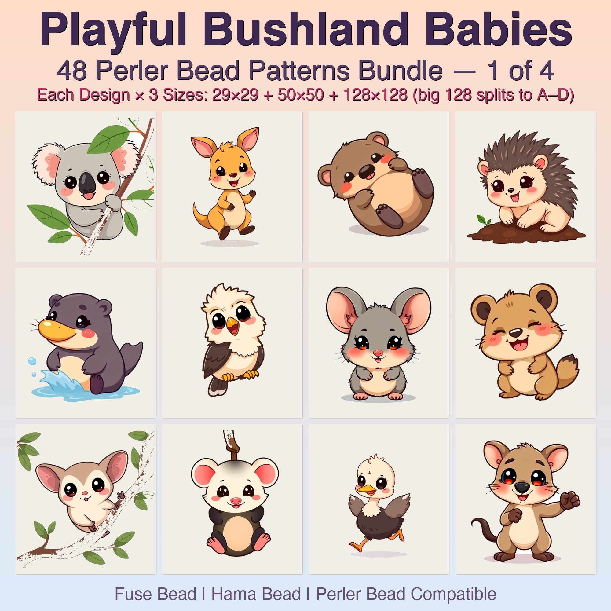 Playful Bushland Babies Perler Bead Patterns, 48 Designs x 3 Grid Sizes (29x29 + 50x50 + 128x128), Fuse Bead PDF Digital Download