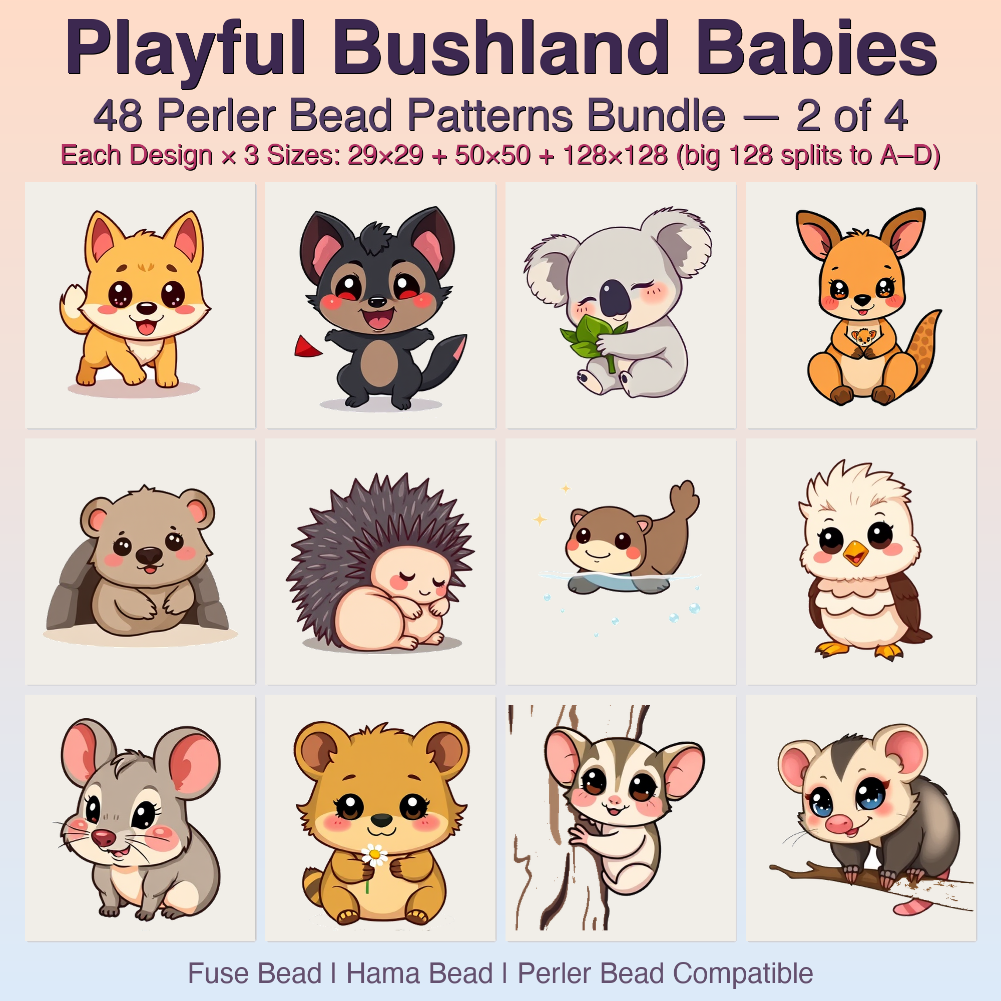 Playful Bushland Babies Perler Bead Patterns, 48 Designs x 3 Grid Sizes (29x29 + 50x50 + 128x128), Fuse Bead PDF Digital Download