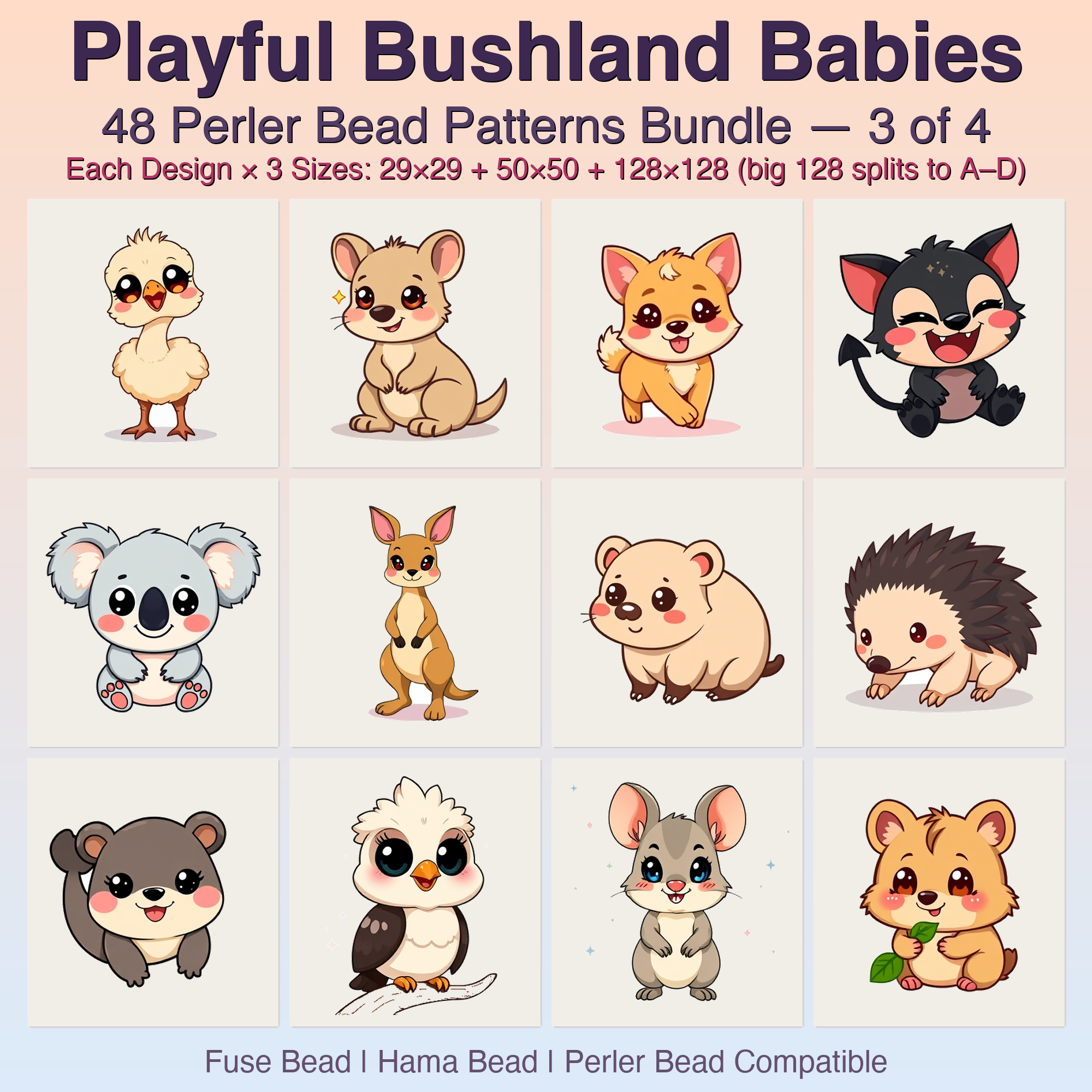 Playful Bushland Babies Perler Bead Patterns, 48 Designs x 3 Grid Sizes (29x29 + 50x50 + 128x128), Fuse Bead PDF Digital Download