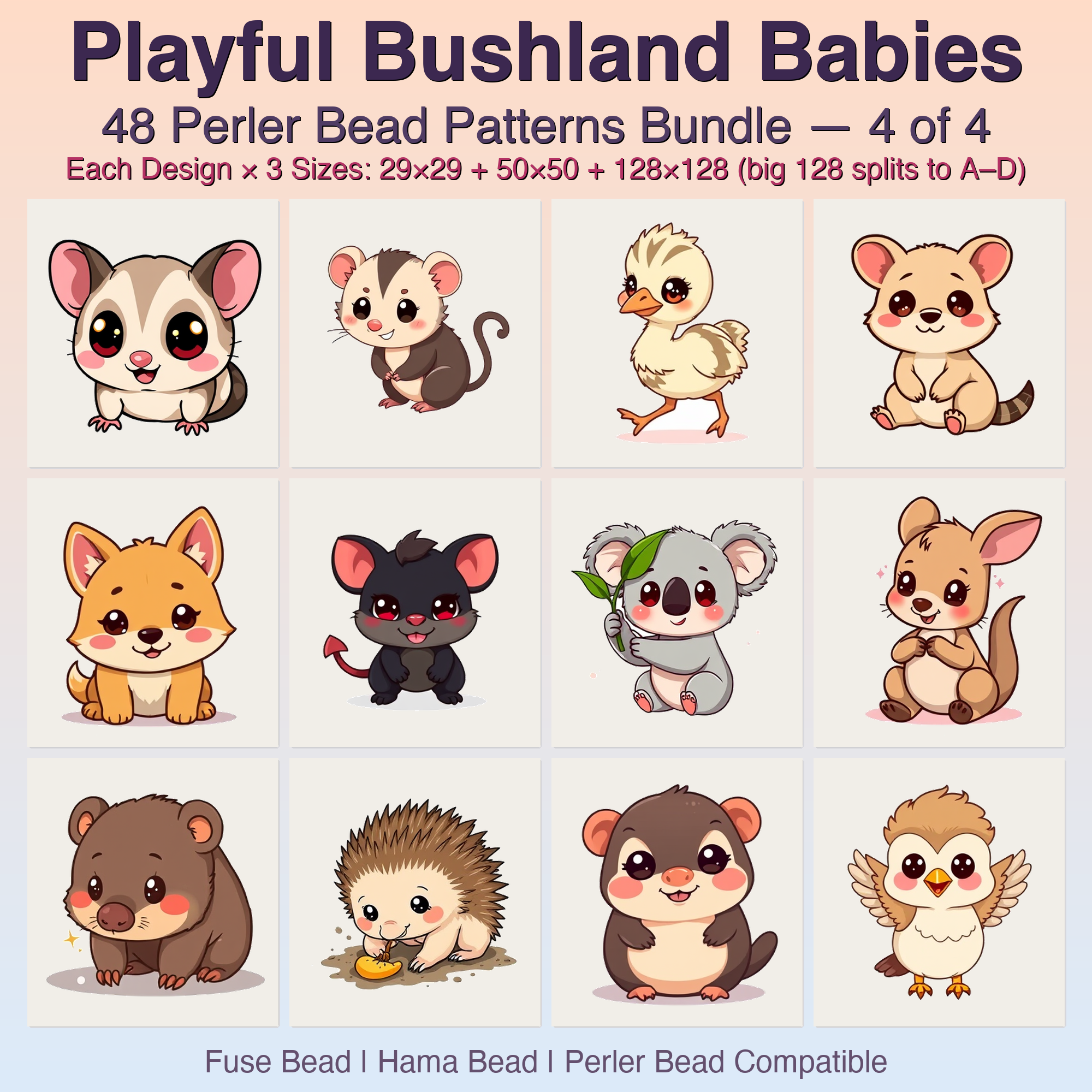 Playful Bushland Babies Perler Bead Patterns, 48 Designs x 3 Grid Sizes (29x29 + 50x50 + 128x128), Fuse Bead PDF Digital Download