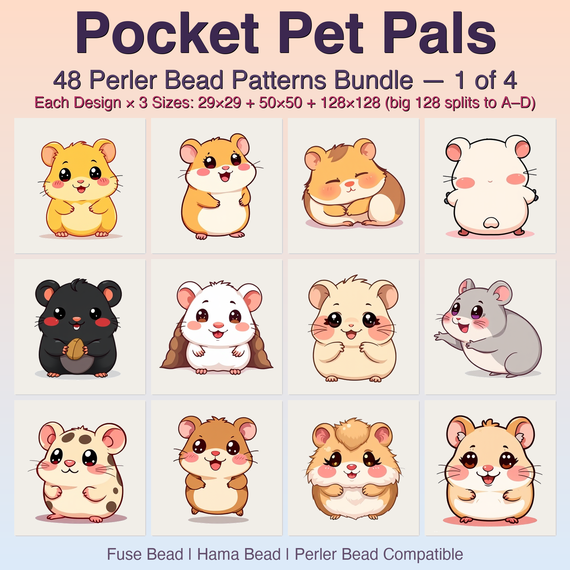 Pocket Pet Pals Perler Bead Patterns, 48 Designs x 3 Grid Sizes (29x29 + 50x50 + 128x128), Fuse Bead PDF Digital Download