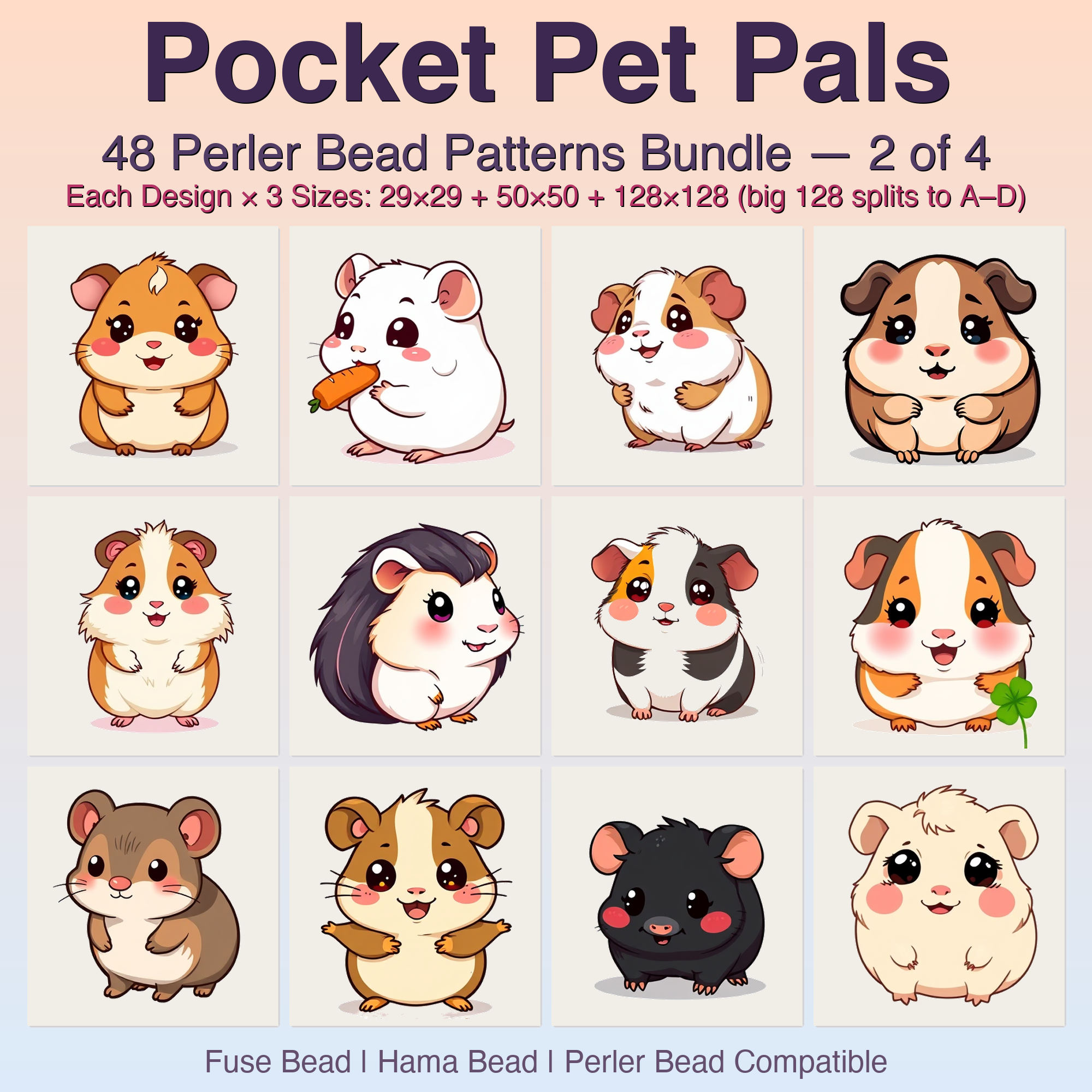 Pocket Pet Pals Perler Bead Patterns, 48 Designs x 3 Grid Sizes (29x29 + 50x50 + 128x128), Fuse Bead PDF Digital Download