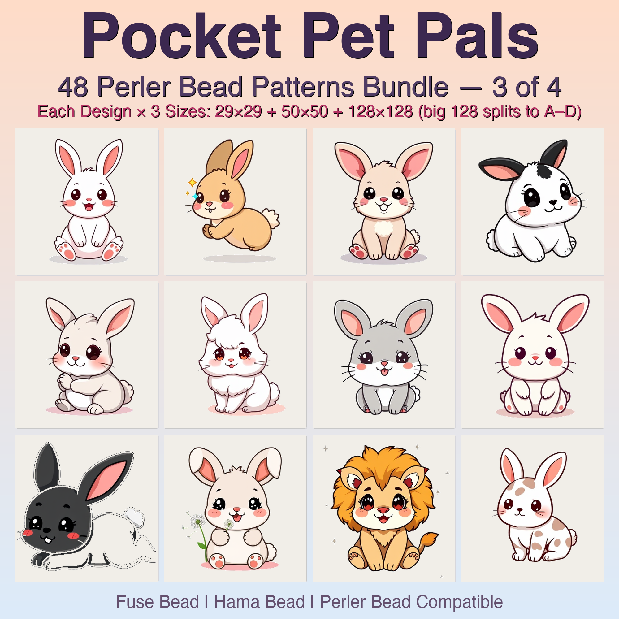Pocket Pet Pals Perler Bead Patterns, 48 Designs x 3 Grid Sizes (29x29 + 50x50 + 128x128), Fuse Bead PDF Digital Download
