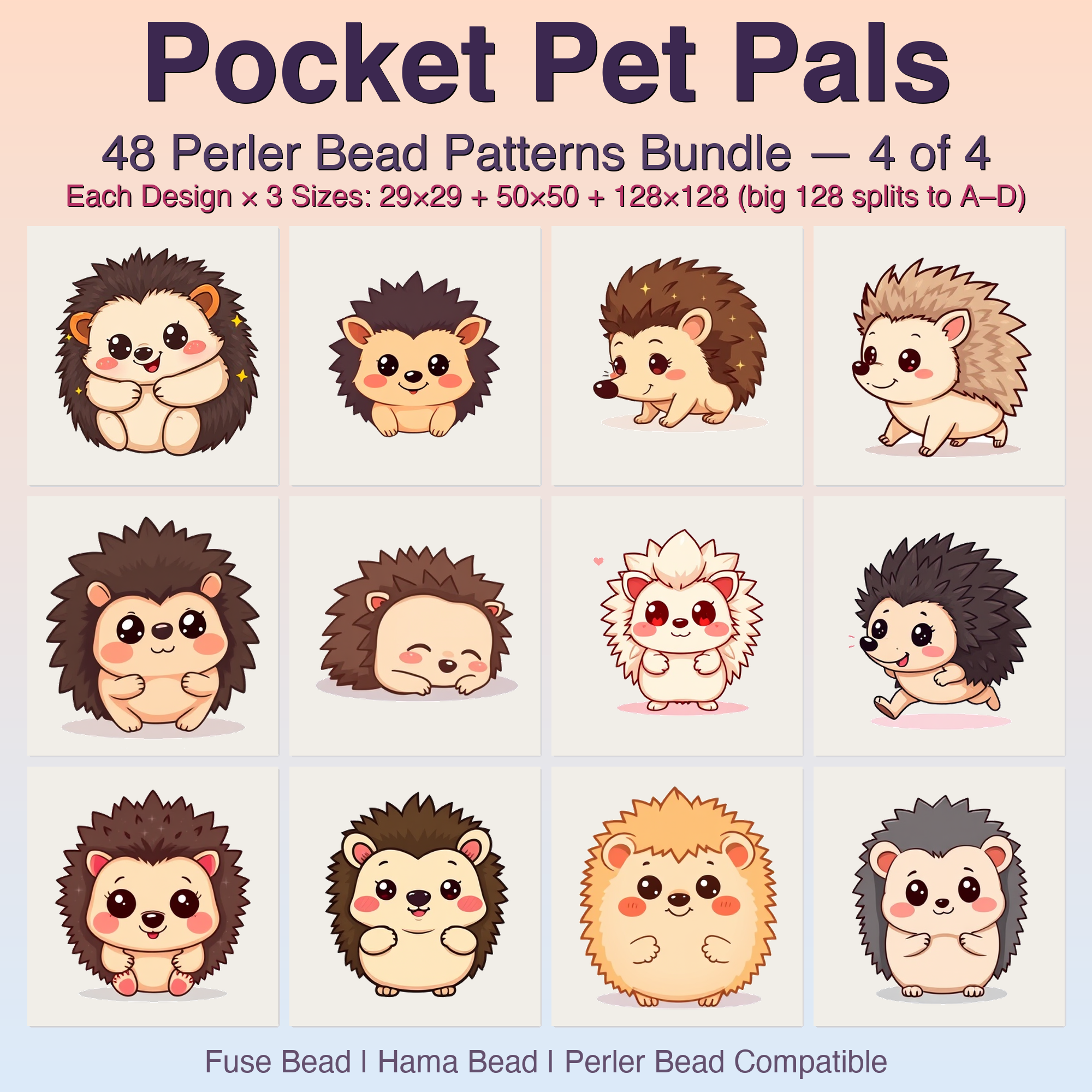 Pocket Pet Pals Perler Bead Patterns, 48 Designs x 3 Grid Sizes (29x29 + 50x50 + 128x128), Fuse Bead PDF Digital Download