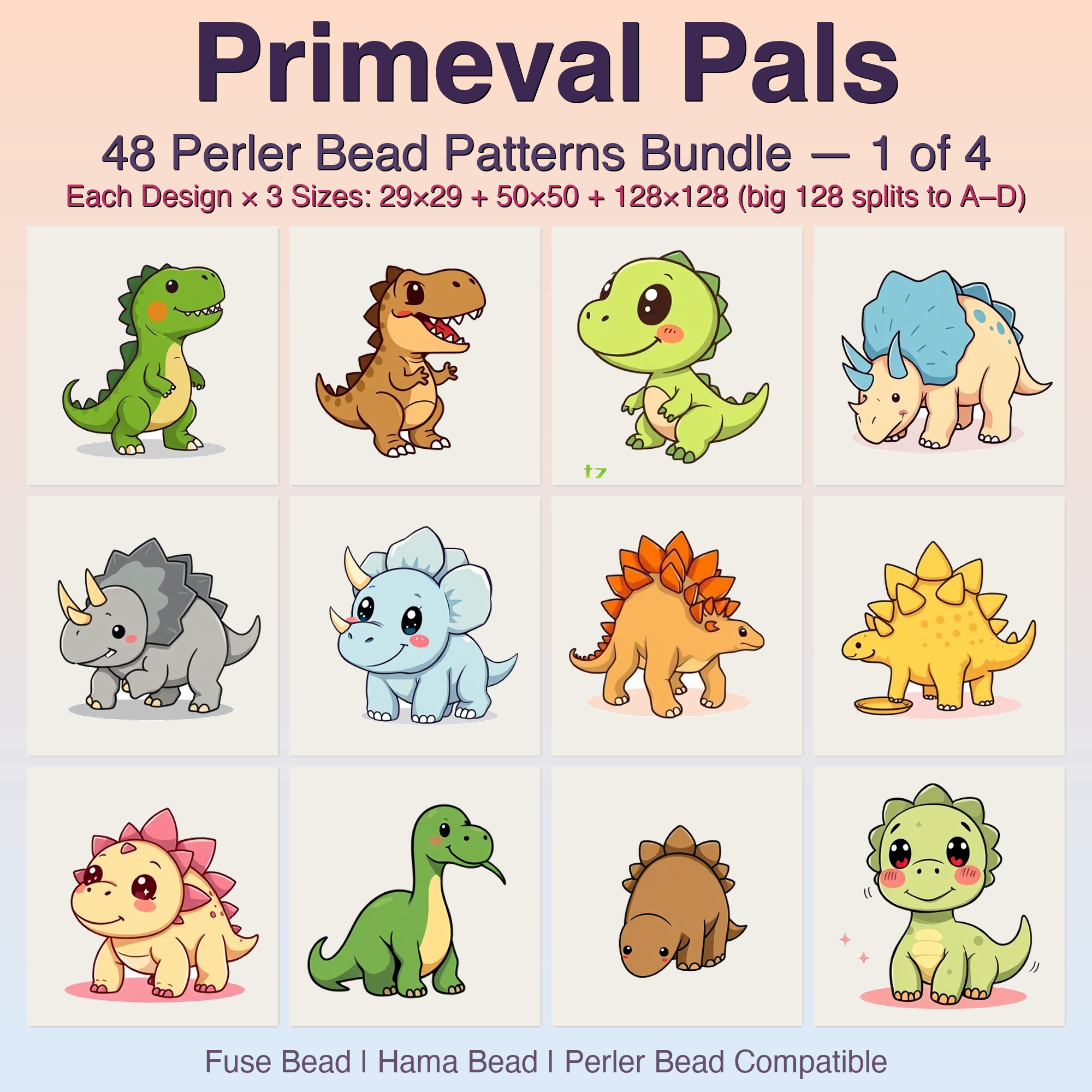 Primeval Pals Perler Bead Patterns, 48 Designs x 3 Grid Sizes (29x29 + 50x50 + 128x128), Fuse Bead PDF Digital Download