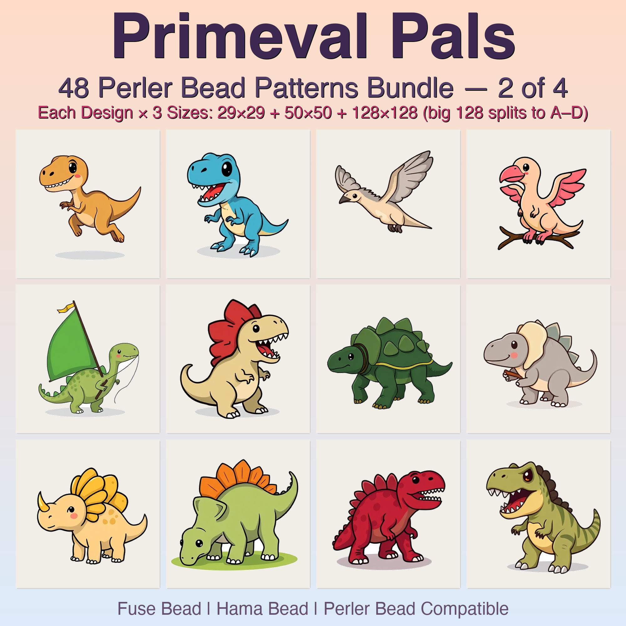 Primeval Pals Perler Bead Patterns, 48 Designs x 3 Grid Sizes (29x29 + 50x50 + 128x128), Fuse Bead PDF Digital Download