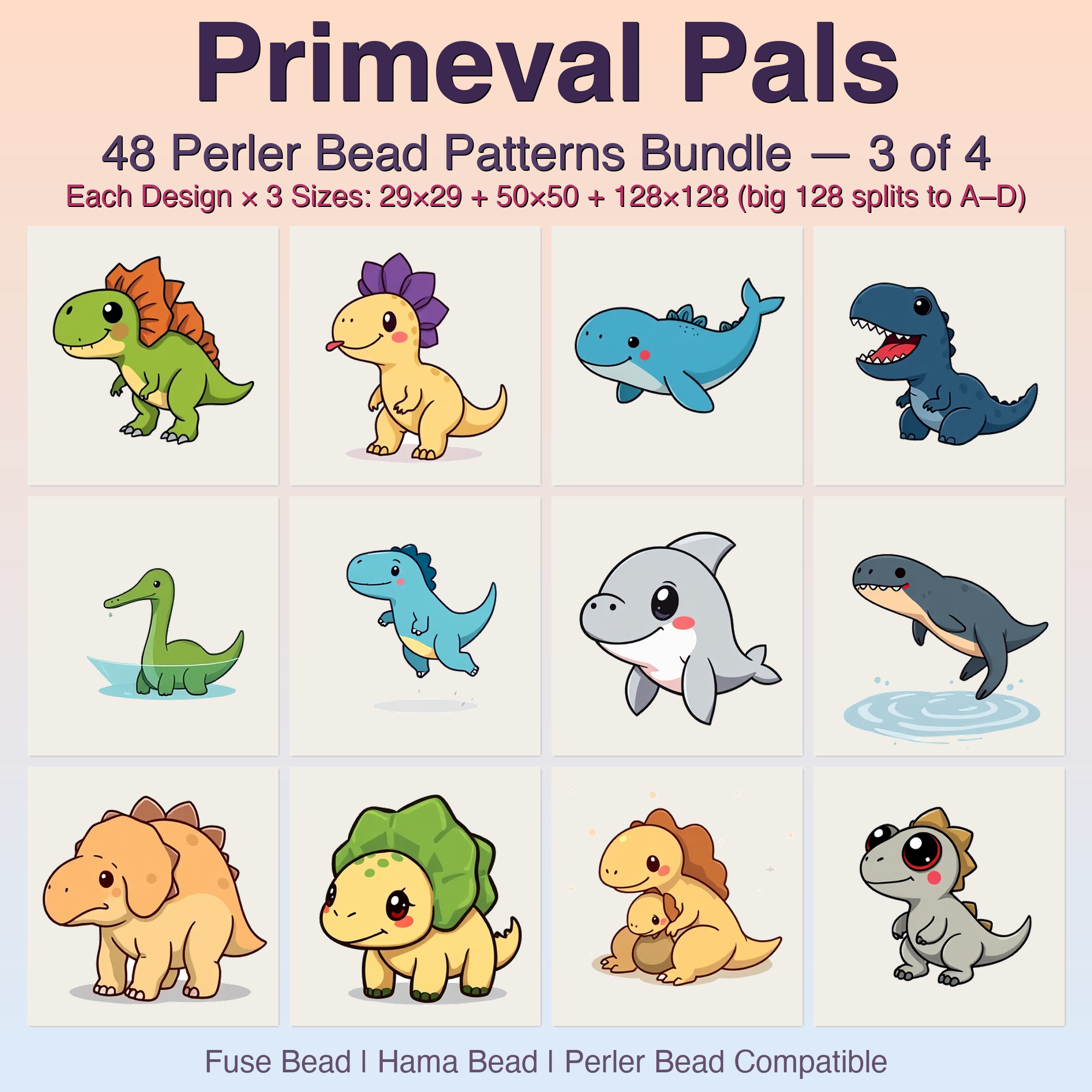 Primeval Pals Perler Bead Patterns, 48 Designs x 3 Grid Sizes (29x29 + 50x50 + 128x128), Fuse Bead PDF Digital Download