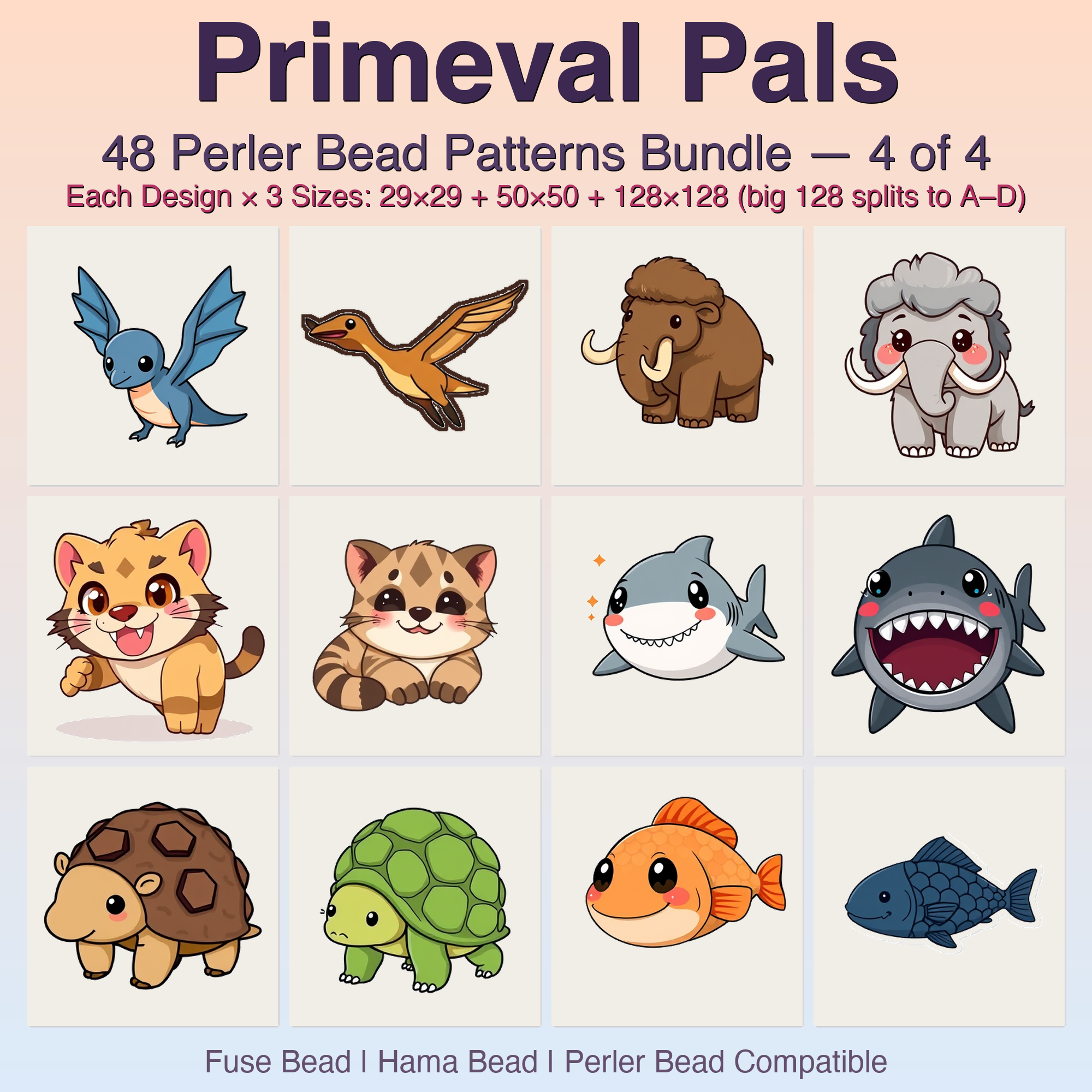 Primeval Pals Perler Bead Patterns, 48 Designs x 3 Grid Sizes (29x29 + 50x50 + 128x128), Fuse Bead PDF Digital Download