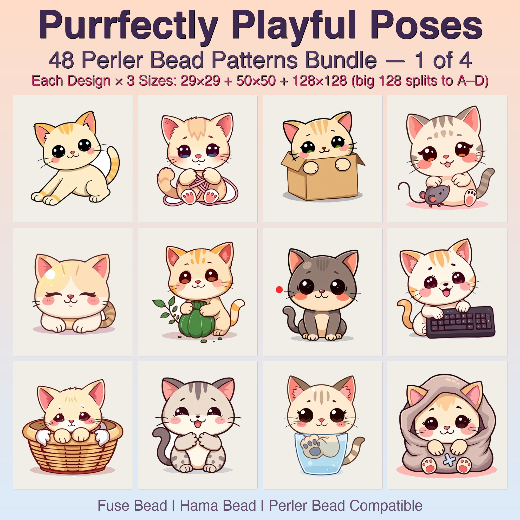 Purrfectly Playful Poses Perler Bead Patterns, 48 Designs x 3 Grid Sizes (29x29 + 50x50 + 128x128), Fuse Bead PDF Digital Download