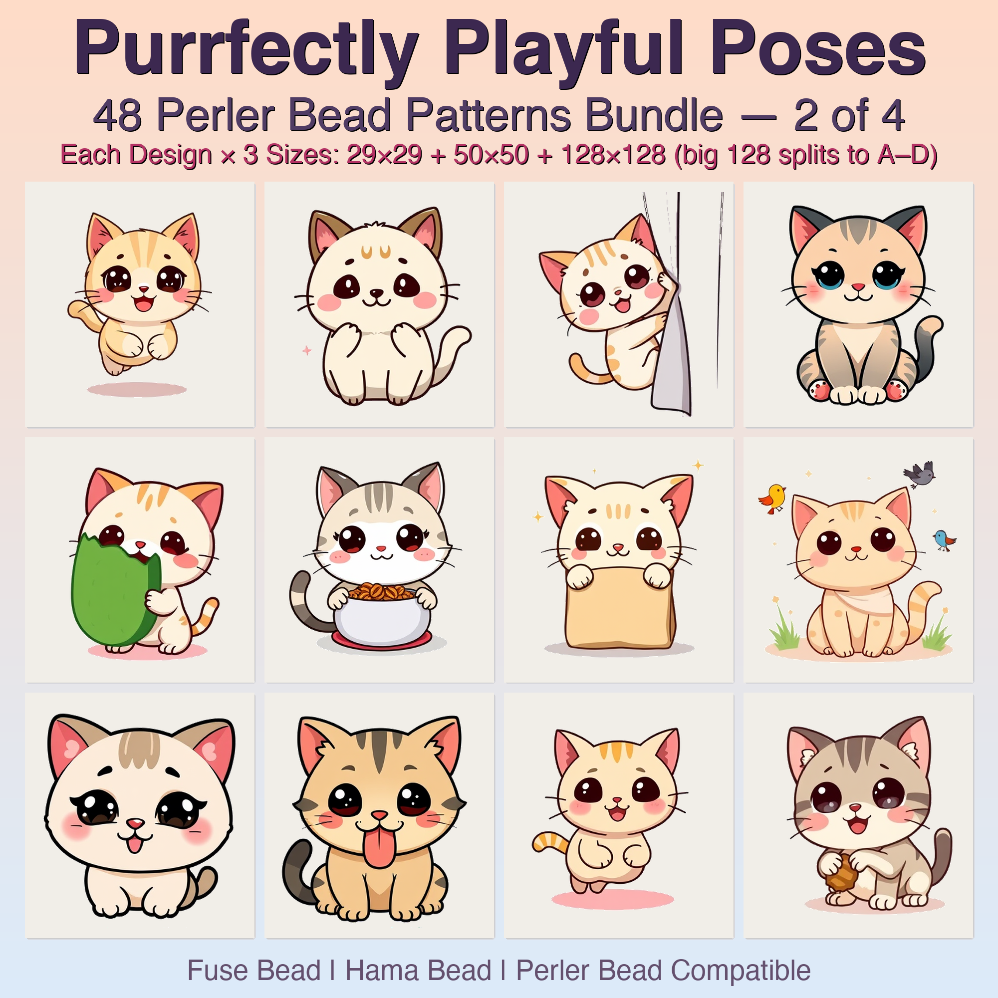 Purrfectly Playful Poses Perler Bead Patterns, 48 Designs x 3 Grid Sizes (29x29 + 50x50 + 128x128), Fuse Bead PDF Digital Download
