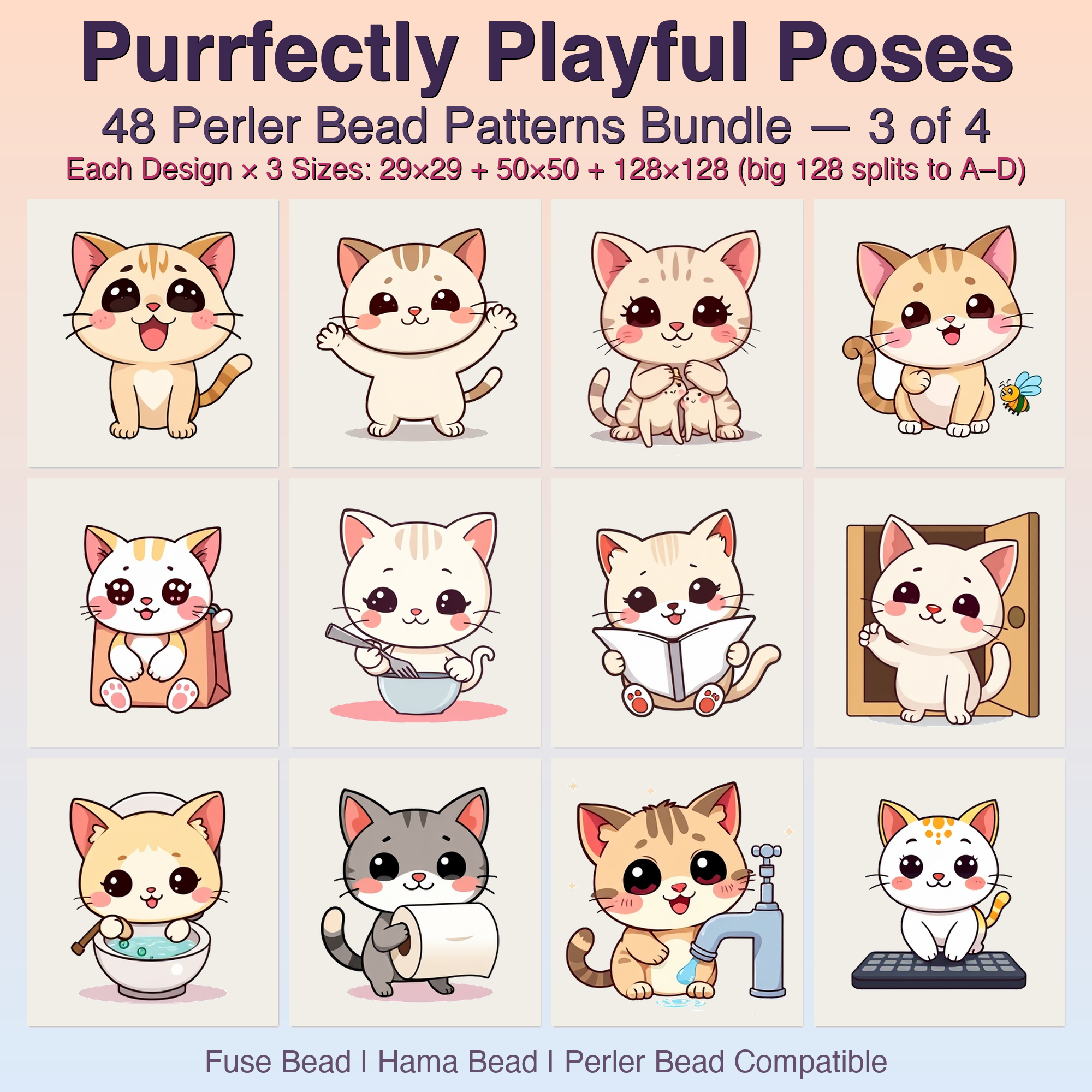 Purrfectly Playful Poses Perler Bead Patterns, 48 Designs x 3 Grid Sizes (29x29 + 50x50 + 128x128), Fuse Bead PDF Digital Download