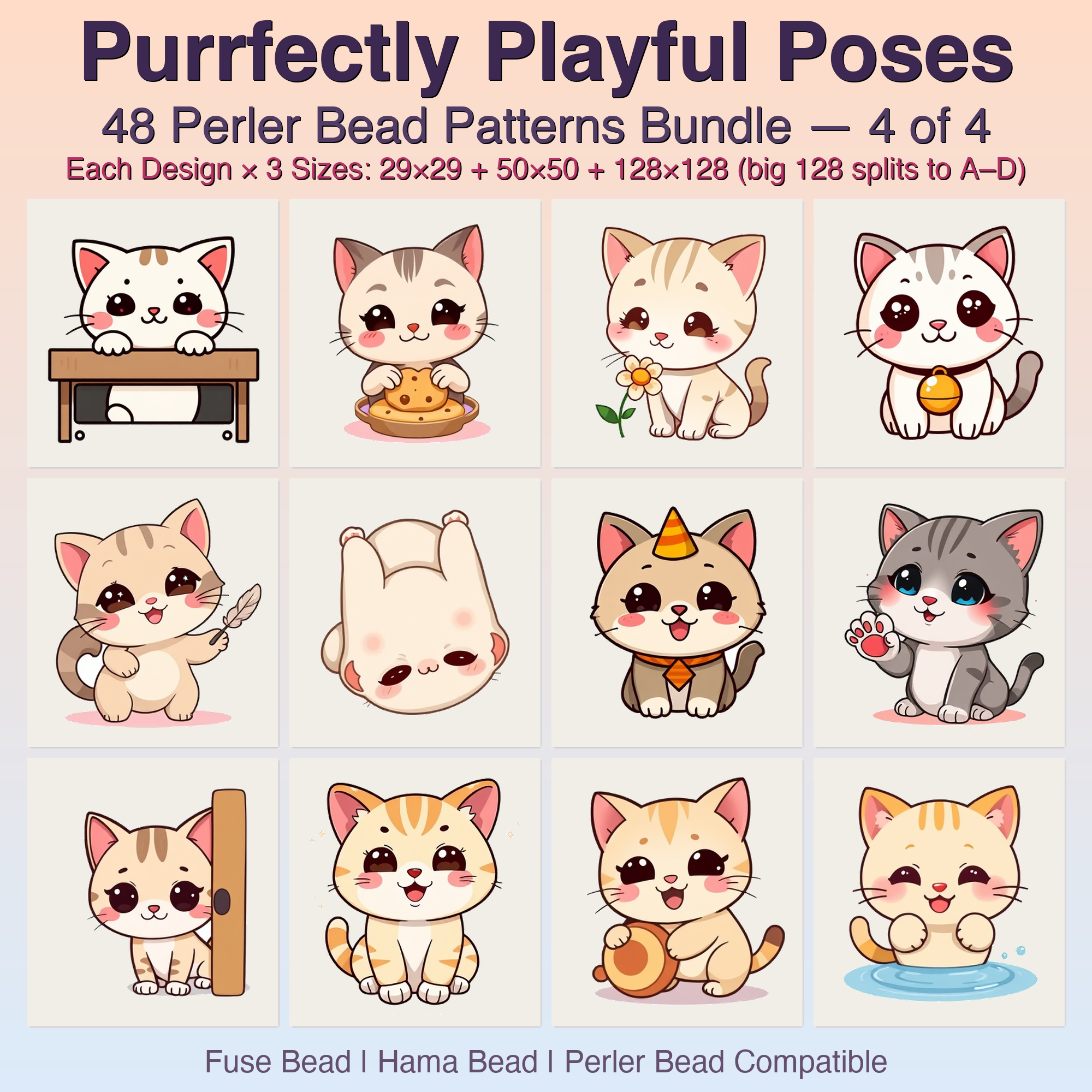 Purrfectly Playful Poses Perler Bead Patterns, 48 Designs x 3 Grid Sizes (29x29 + 50x50 + 128x128), Fuse Bead PDF Digital Download