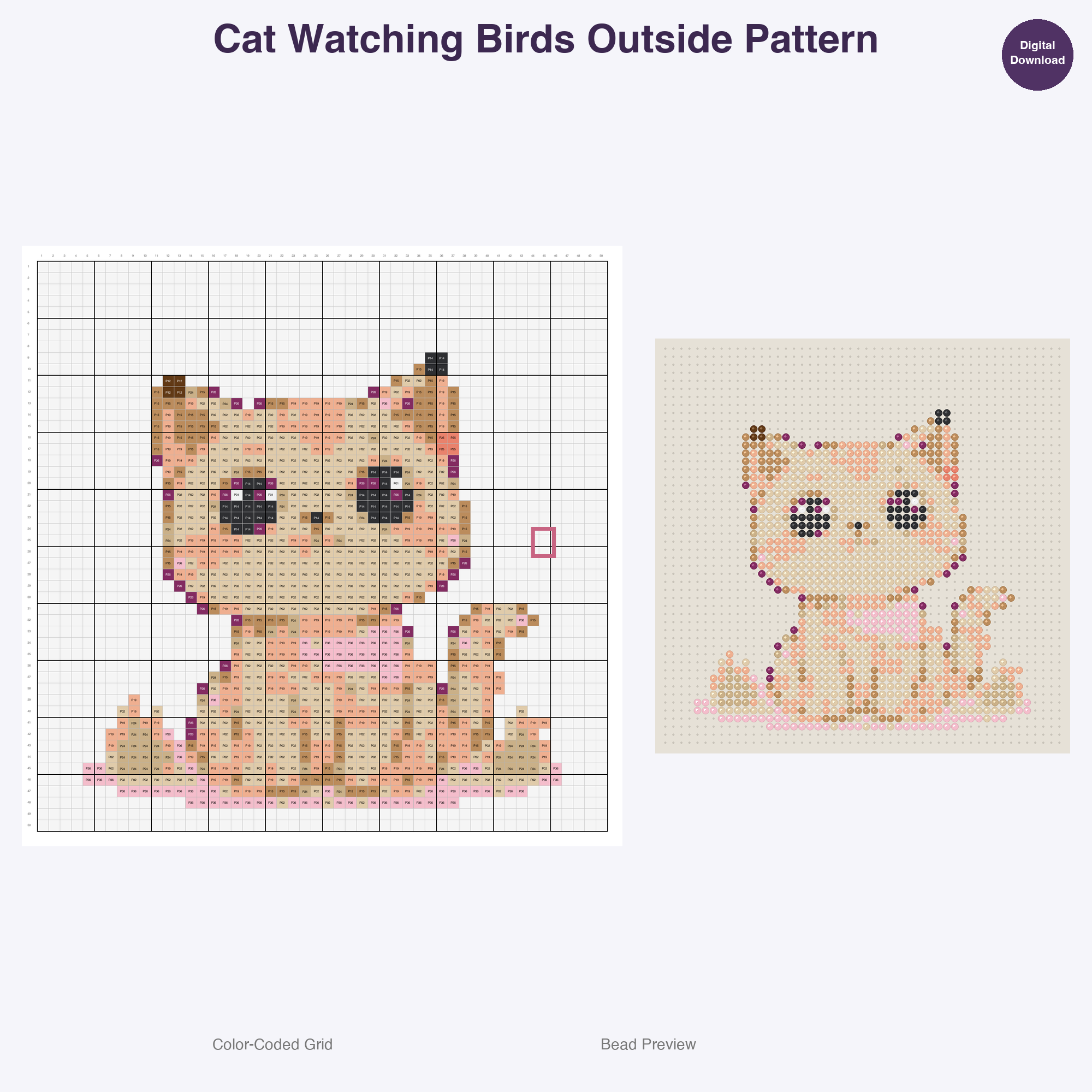 Purrfectly Playful Poses Perler Bead Patterns, 48 Designs x 3 Grid Sizes (29x29 + 50x50 + 128x128), Fuse Bead PDF Digital Download