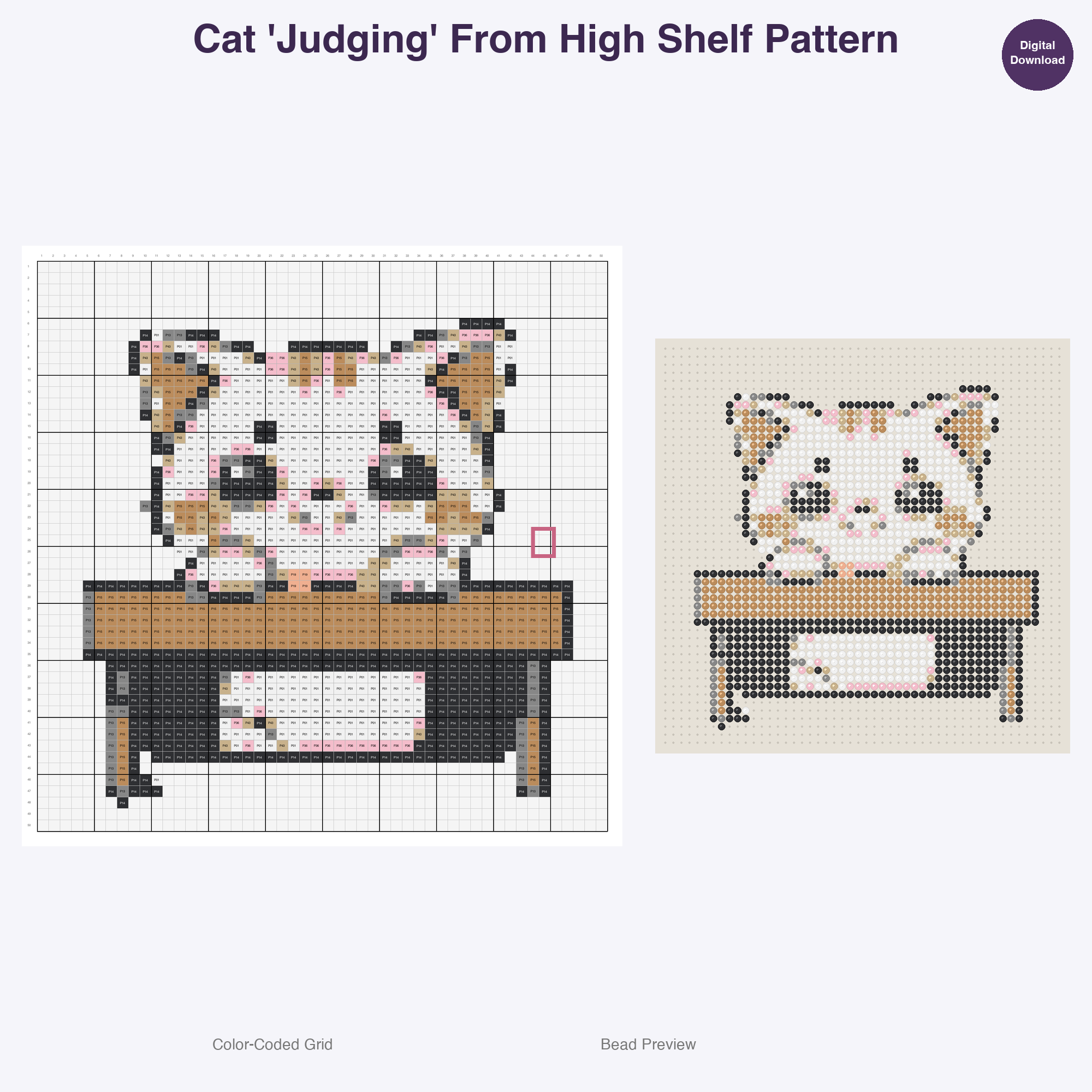Purrfectly Playful Poses Perler Bead Patterns, 48 Designs x 3 Grid Sizes (29x29 + 50x50 + 128x128), Fuse Bead PDF Digital Download