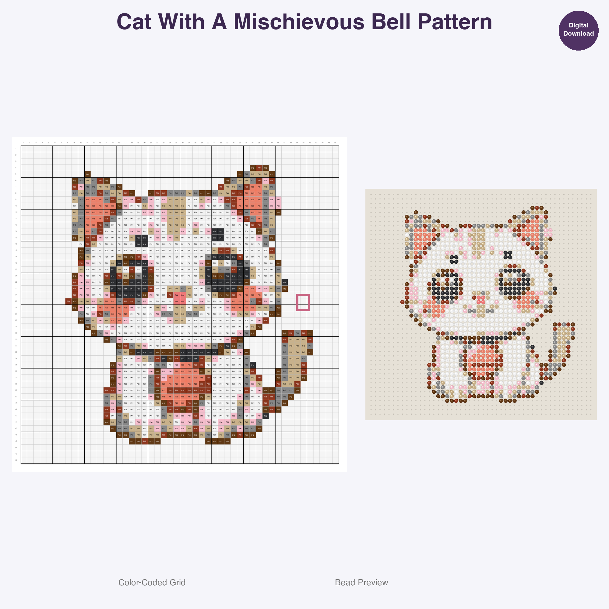 Purrfectly Playful Poses Perler Bead Patterns, 48 Designs x 3 Grid Sizes (29x29 + 50x50 + 128x128), Fuse Bead PDF Digital Download
