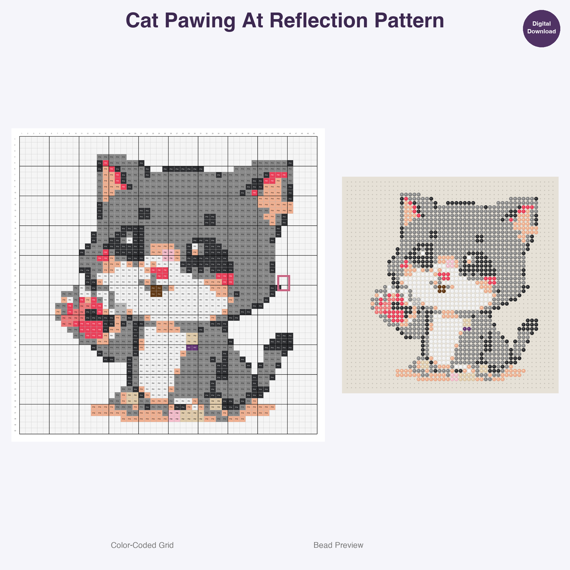 Purrfectly Playful Poses Perler Bead Patterns, 48 Designs x 3 Grid Sizes (29x29 + 50x50 + 128x128), Fuse Bead PDF Digital Download