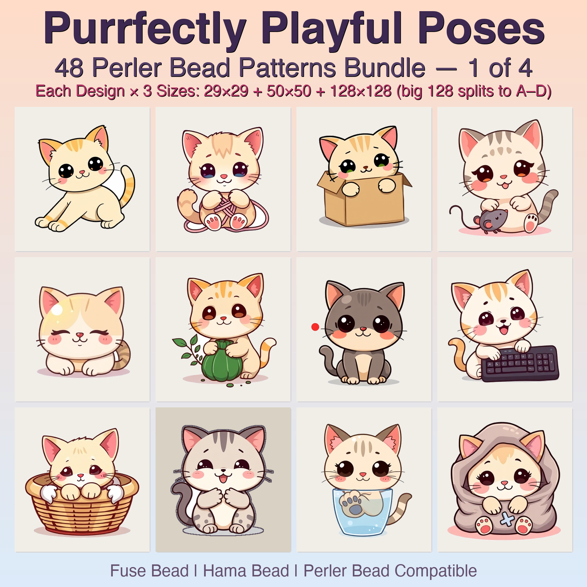 Purrfectly Playful Poses Perler Bead Patterns, 48 Designs x 3 Grid Sizes (29x29 + 50x50 + 128x128), Fuse Bead PDF Digital Download