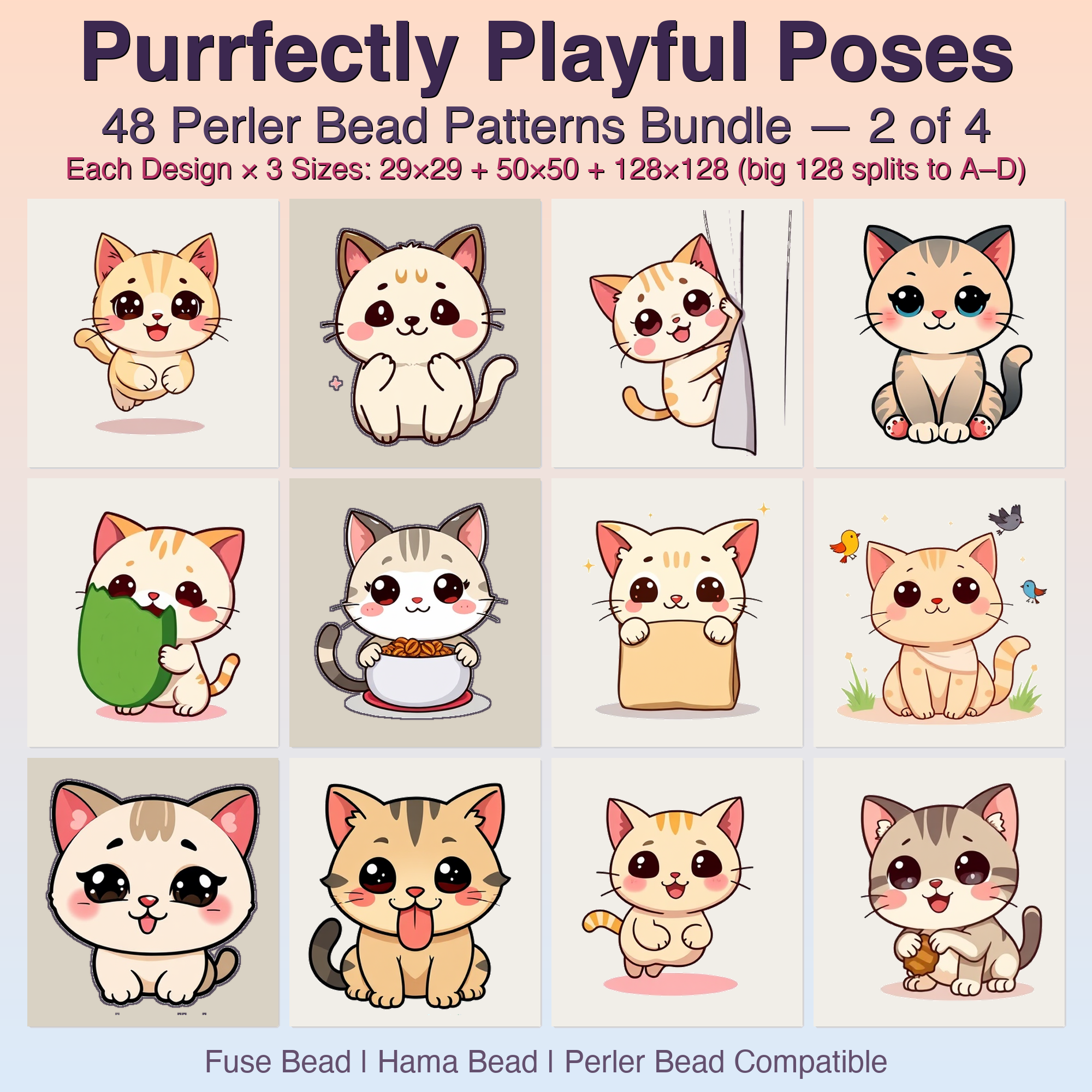 Purrfectly Playful Poses Perler Bead Patterns, 48 Designs x 3 Grid Sizes (29x29 + 50x50 + 128x128), Fuse Bead PDF Digital Download