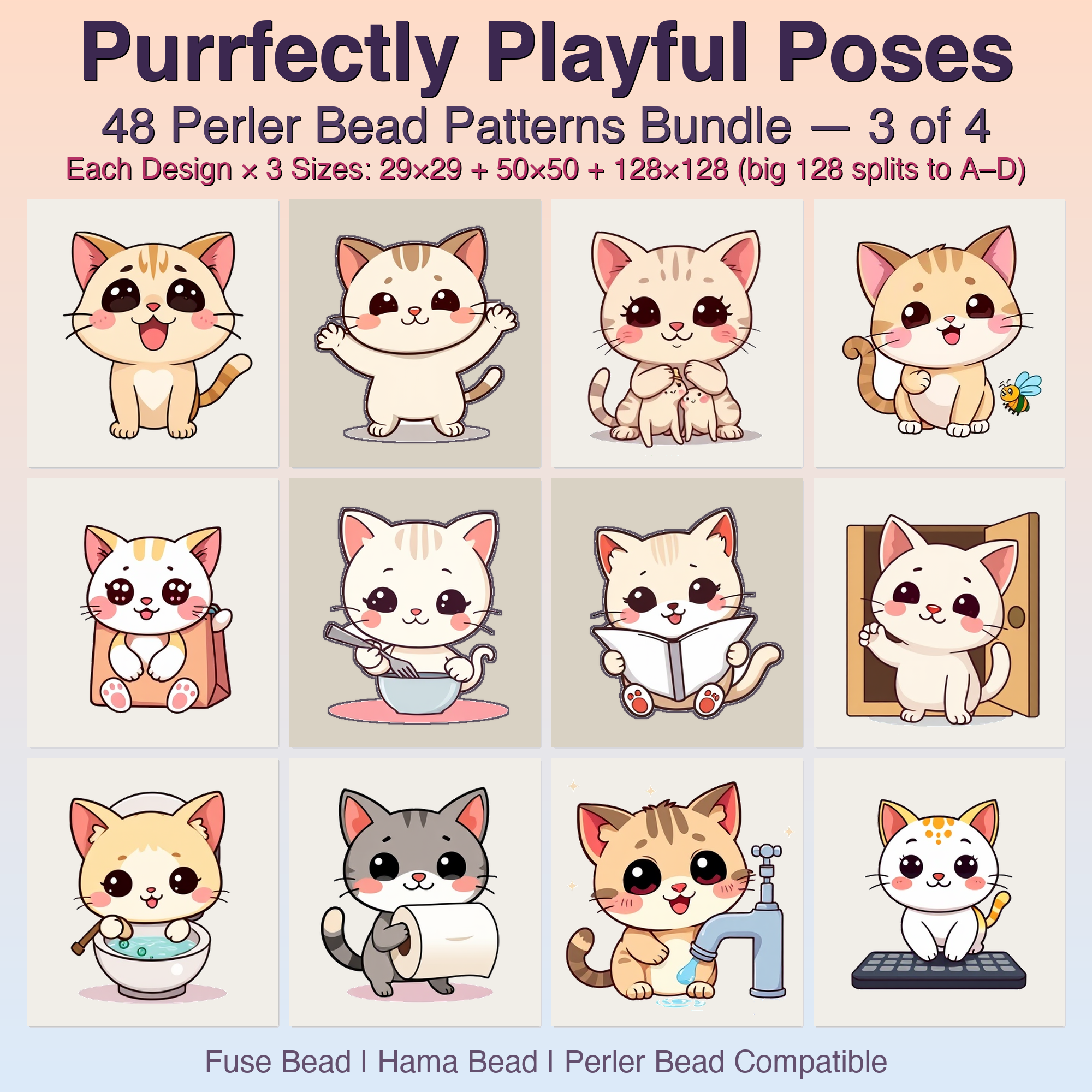 Purrfectly Playful Poses Perler Bead Patterns, 48 Designs x 3 Grid Sizes (29x29 + 50x50 + 128x128), Fuse Bead PDF Digital Download
