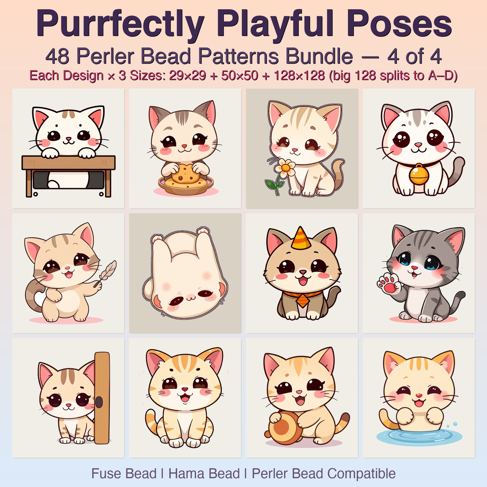 Purrfectly Playful Poses Perler Bead Patterns, 48 Designs x 3 Grid Sizes (29x29 + 50x50 + 128x128), Fuse Bead PDF Digital Download