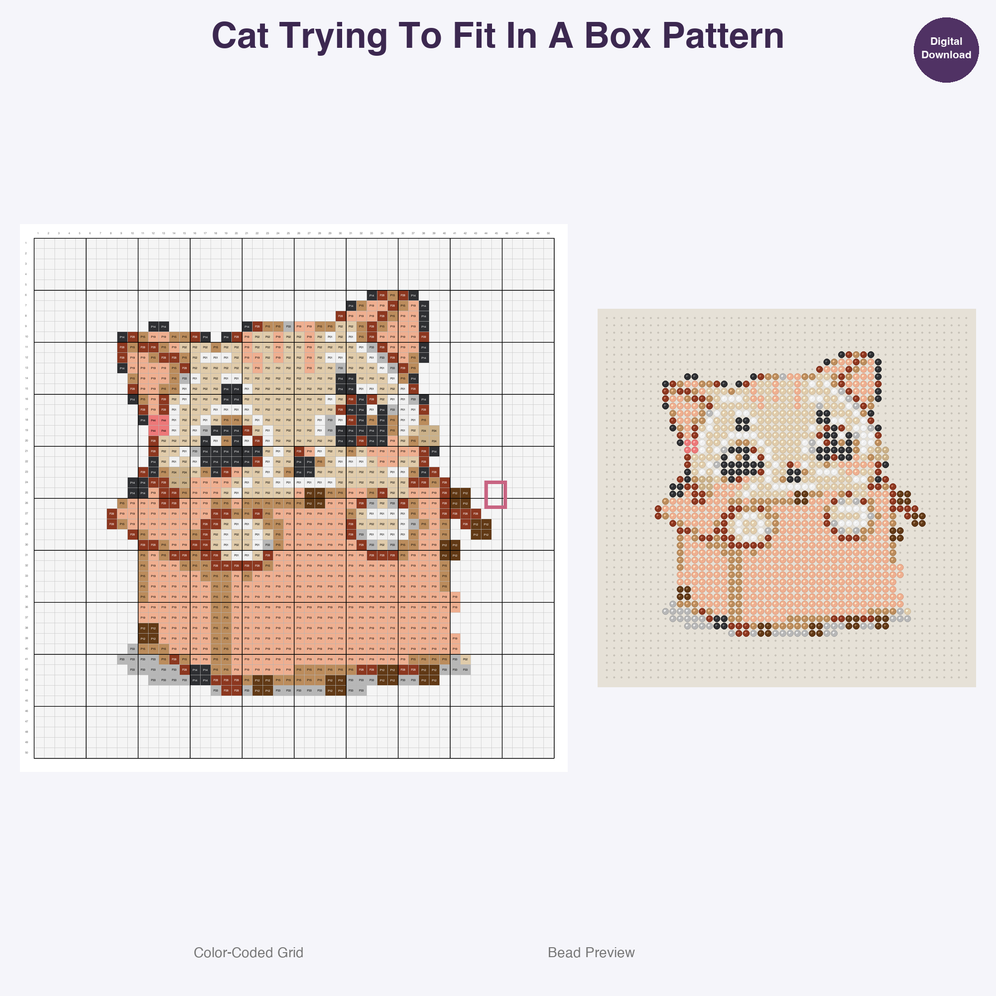 Purrfectly Playful Poses Perler Bead Patterns, 48 Designs x 3 Grid Sizes (29x29 + 50x50 + 128x128), Fuse Bead PDF Digital Download