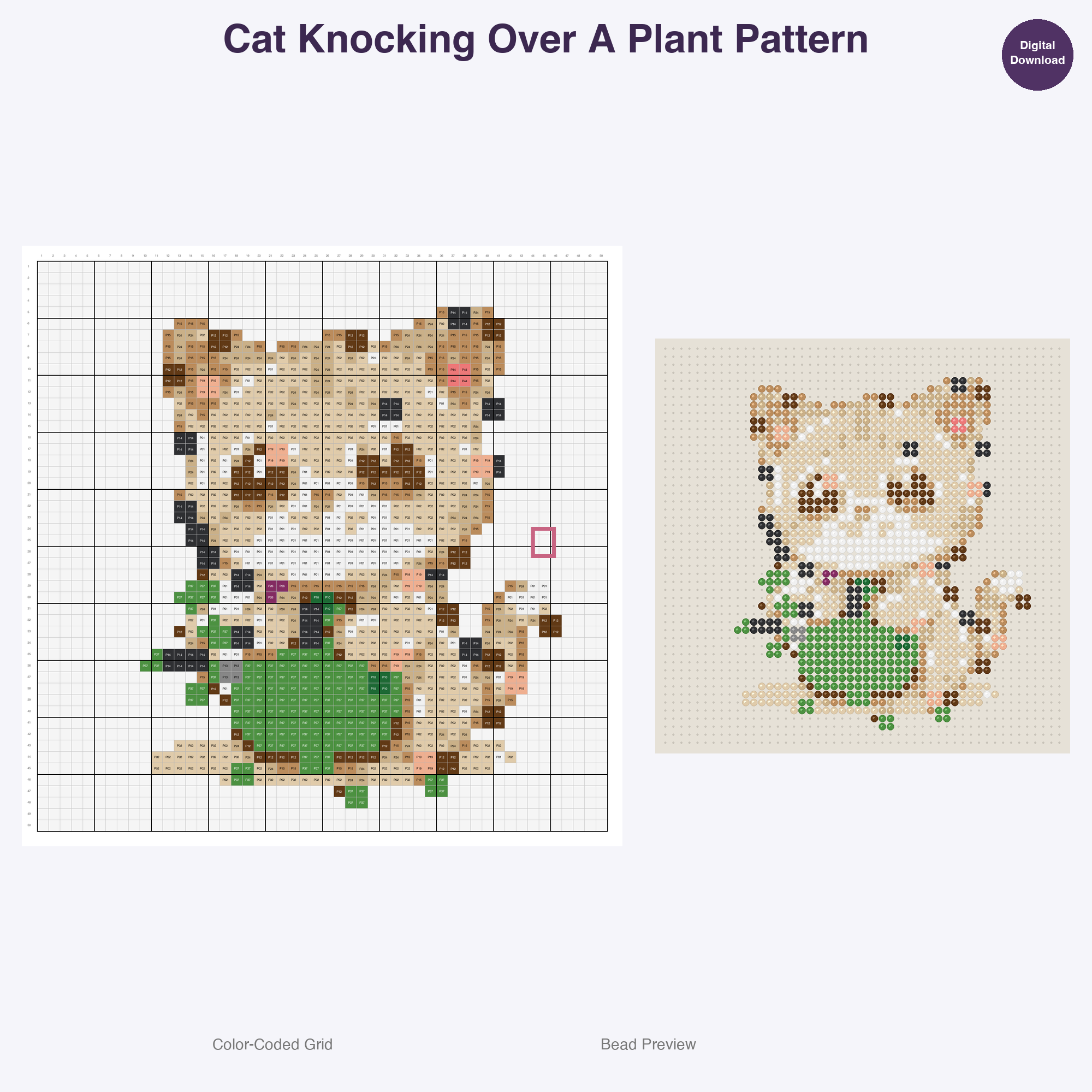 Purrfectly Playful Poses Perler Bead Patterns, 48 Designs x 3 Grid Sizes (29x29 + 50x50 + 128x128), Fuse Bead PDF Digital Download