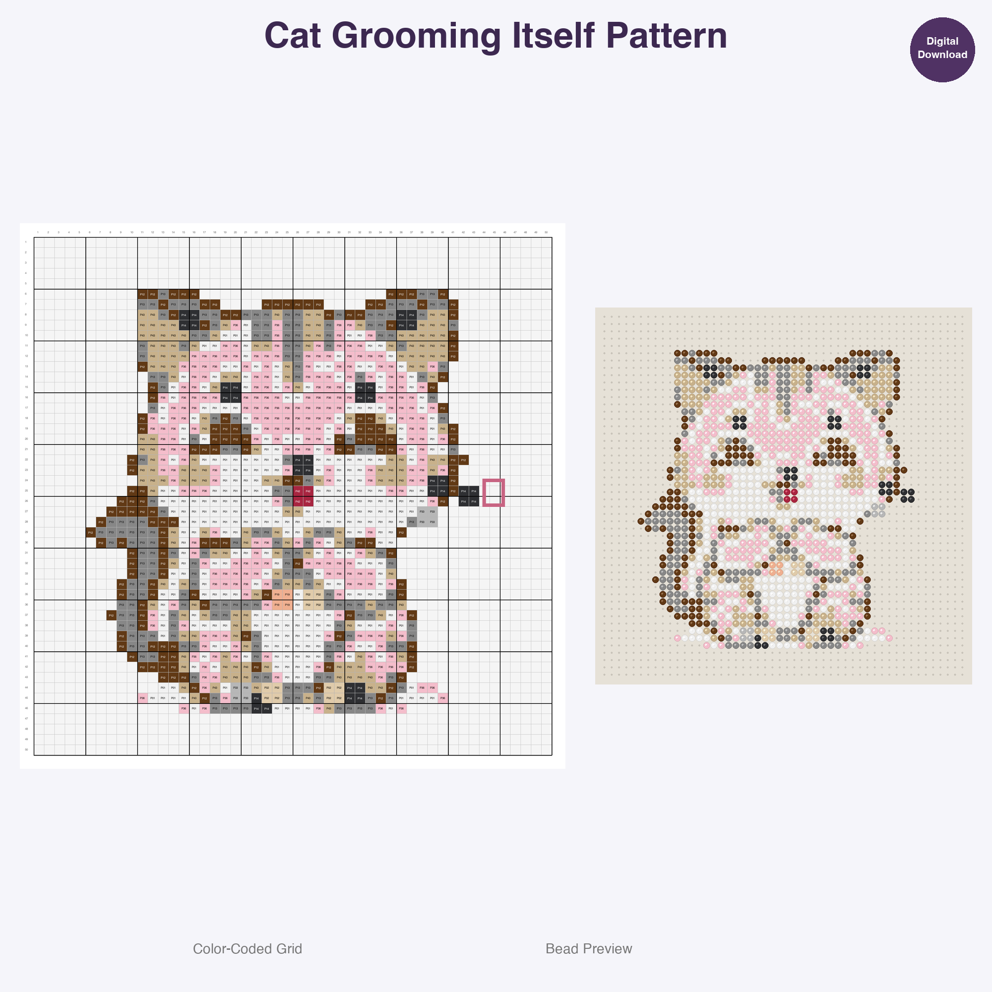 Purrfectly Playful Poses Perler Bead Patterns, 48 Designs x 3 Grid Sizes (29x29 + 50x50 + 128x128), Fuse Bead PDF Digital Download
