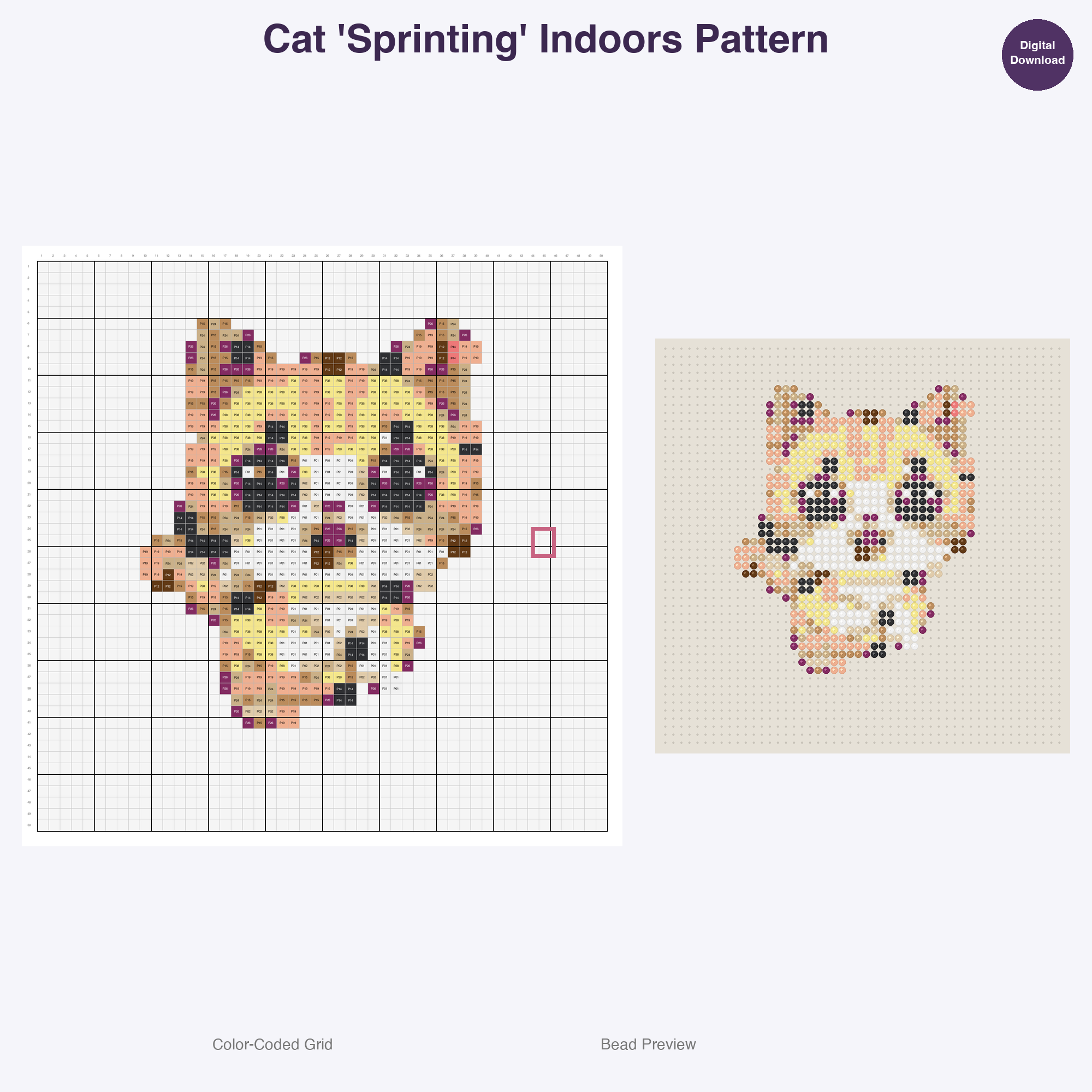 Purrfectly Playful Poses Perler Bead Patterns, 48 Designs x 3 Grid Sizes (29x29 + 50x50 + 128x128), Fuse Bead PDF Digital Download