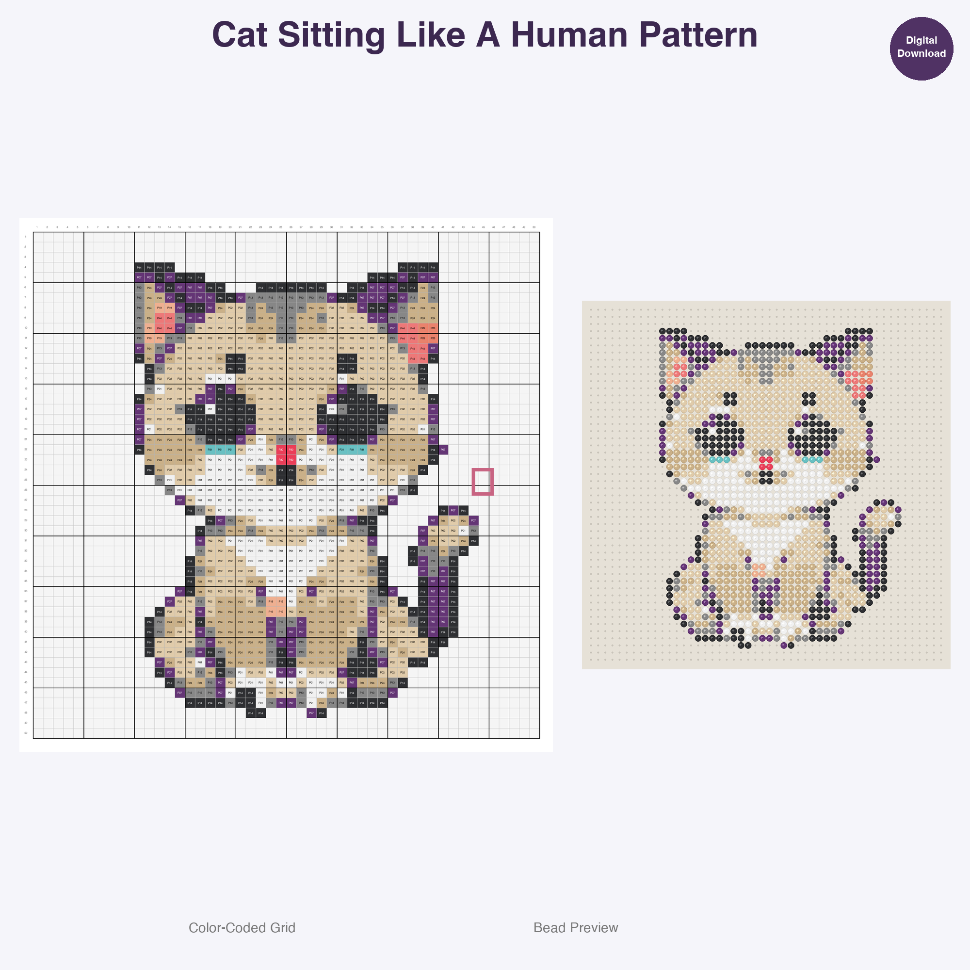 Purrfectly Playful Poses Perler Bead Patterns, 48 Designs x 3 Grid Sizes (29x29 + 50x50 + 128x128), Fuse Bead PDF Digital Download