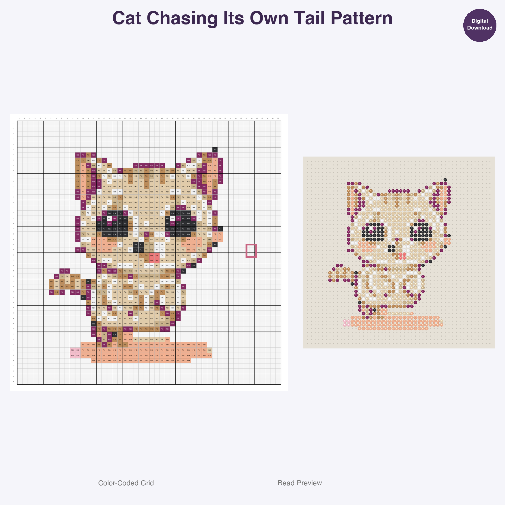 Purrfectly Playful Poses Perler Bead Patterns, 48 Designs x 3 Grid Sizes (29x29 + 50x50 + 128x128), Fuse Bead PDF Digital Download