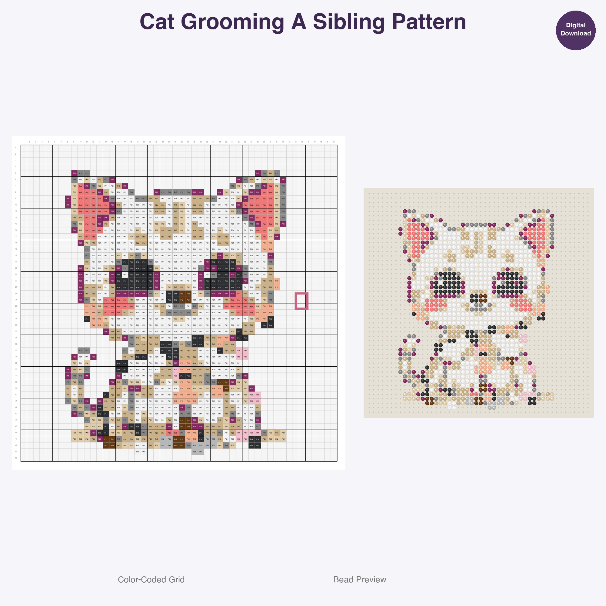 Purrfectly Playful Poses Perler Bead Patterns, 48 Designs x 3 Grid Sizes (29x29 + 50x50 + 128x128), Fuse Bead PDF Digital Download