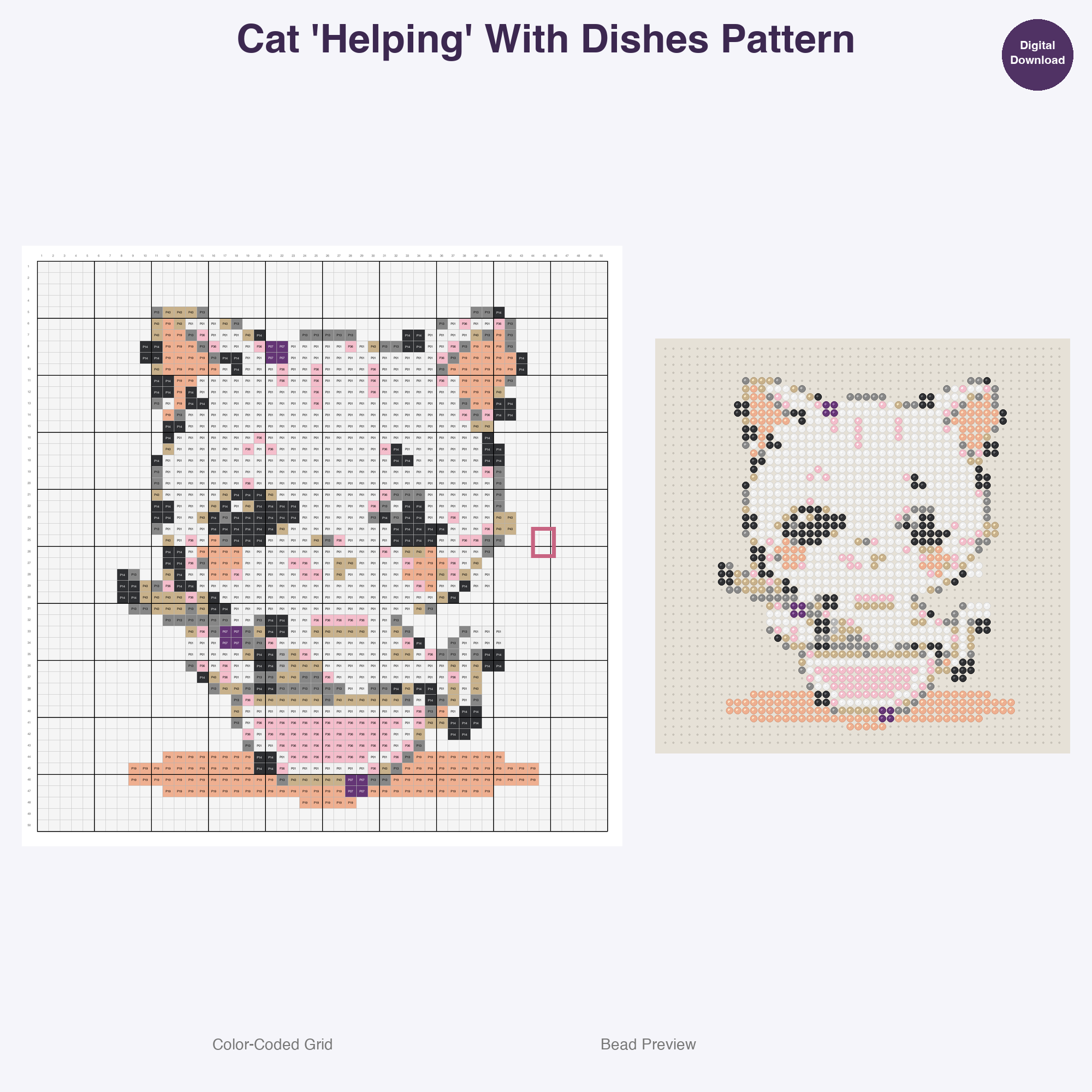 Purrfectly Playful Poses Perler Bead Patterns, 48 Designs x 3 Grid Sizes (29x29 + 50x50 + 128x128), Fuse Bead PDF Digital Download