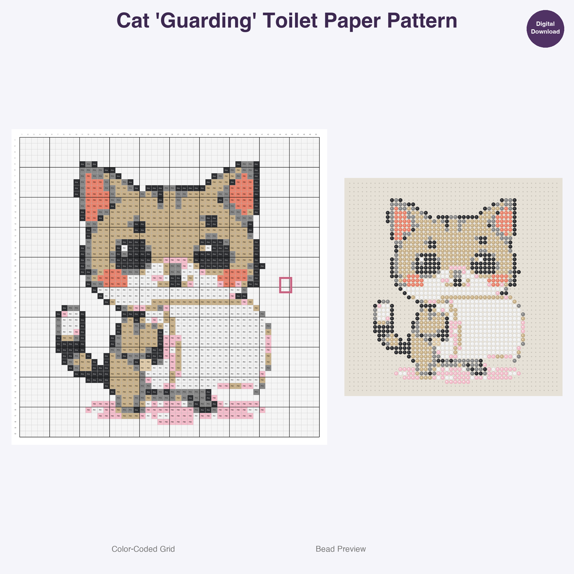 Purrfectly Playful Poses Perler Bead Patterns, 48 Designs x 3 Grid Sizes (29x29 + 50x50 + 128x128), Fuse Bead PDF Digital Download