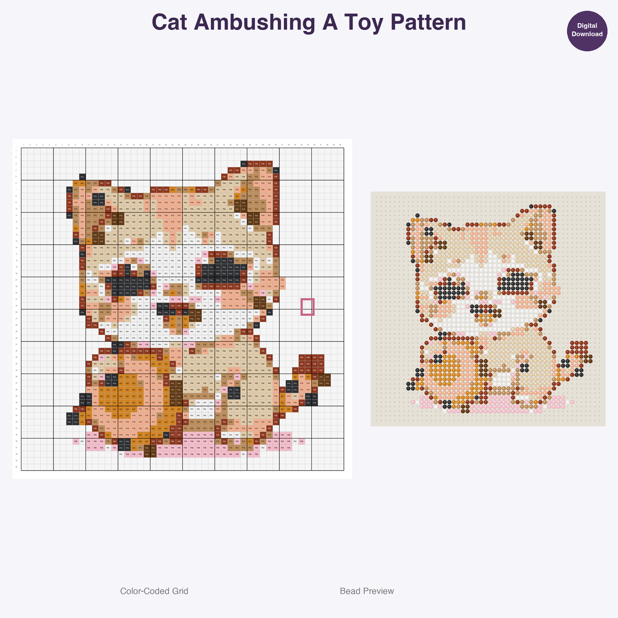 Purrfectly Playful Poses Perler Bead Patterns, 48 Designs x 3 Grid Sizes (29x29 + 50x50 + 128x128), Fuse Bead PDF Digital Download