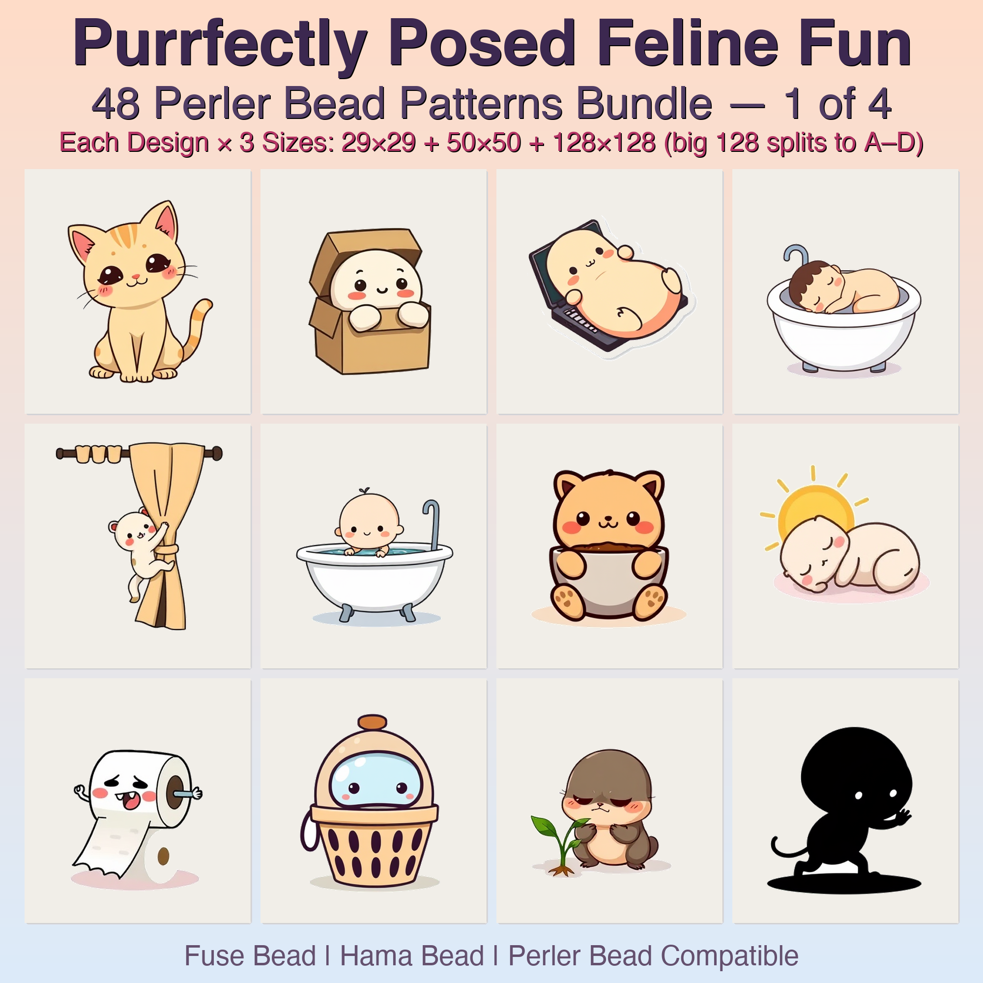 Purrfectly Posed Feline Fun Perler Bead Patterns, 48 Designs x 3 Grid Sizes (29x29 + 50x50 + 128x128), Fuse Bead PDF Digital Download