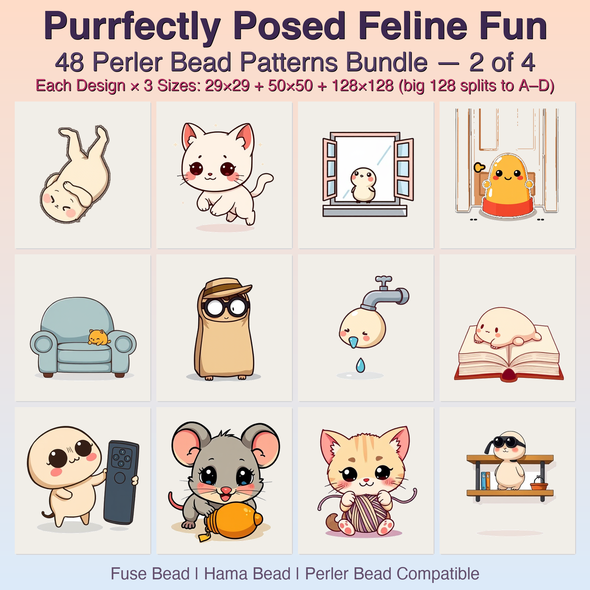 Purrfectly Posed Feline Fun Perler Bead Patterns, 48 Designs x 3 Grid Sizes (29x29 + 50x50 + 128x128), Fuse Bead PDF Digital Download