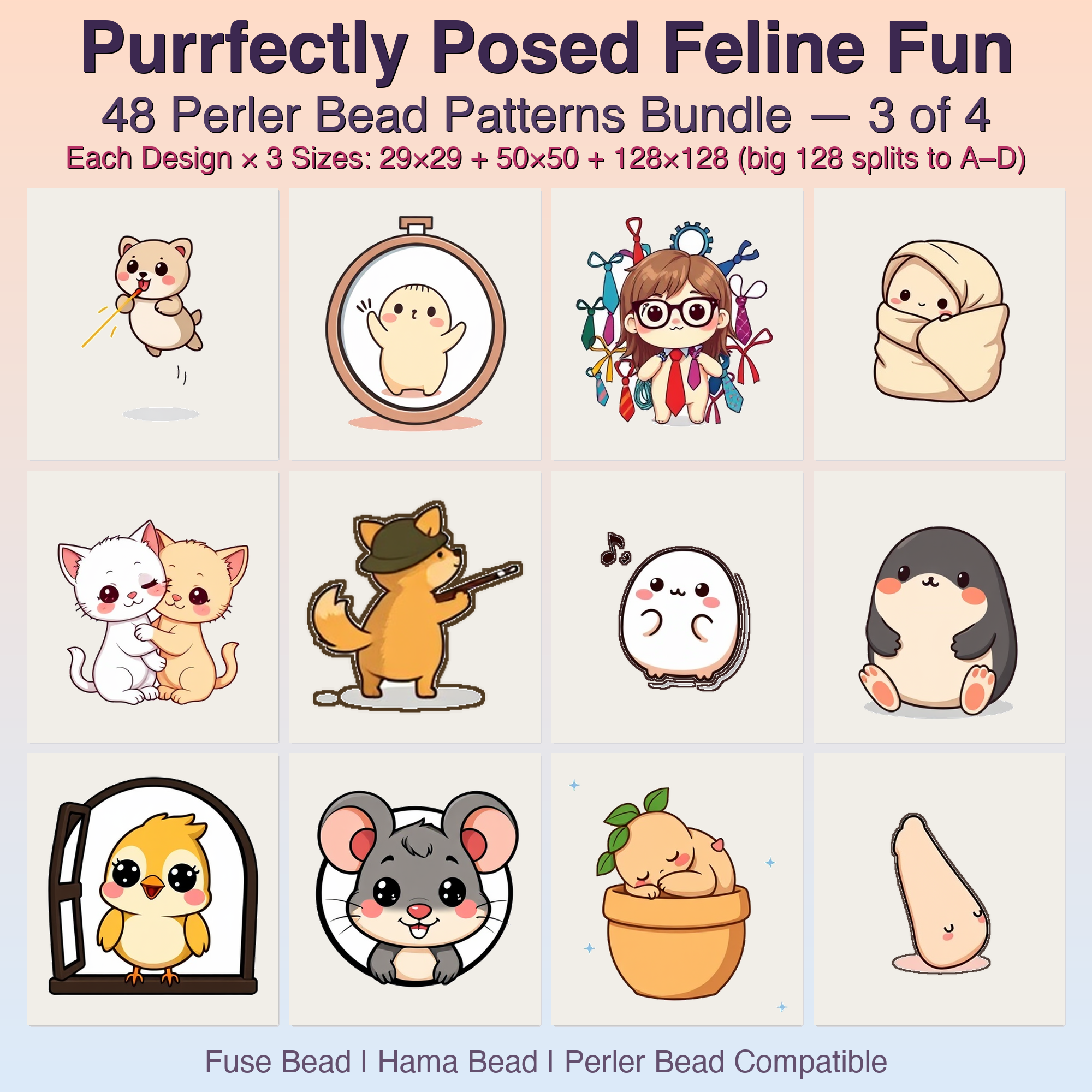 Purrfectly Posed Feline Fun Perler Bead Patterns, 48 Designs x 3 Grid Sizes (29x29 + 50x50 + 128x128), Fuse Bead PDF Digital Download