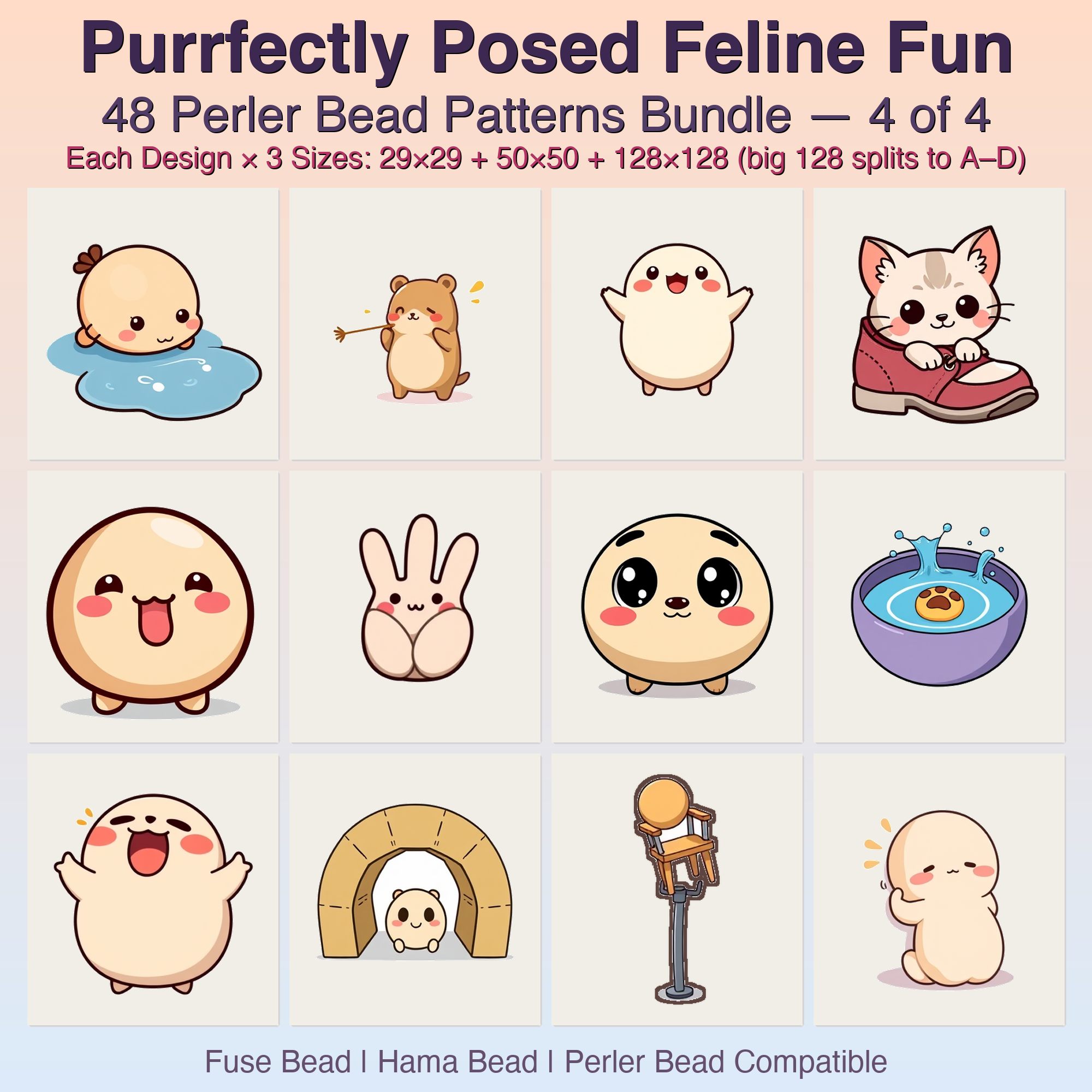 Purrfectly Posed Feline Fun Perler Bead Patterns, 48 Designs x 3 Grid Sizes (29x29 + 50x50 + 128x128), Fuse Bead PDF Digital Download