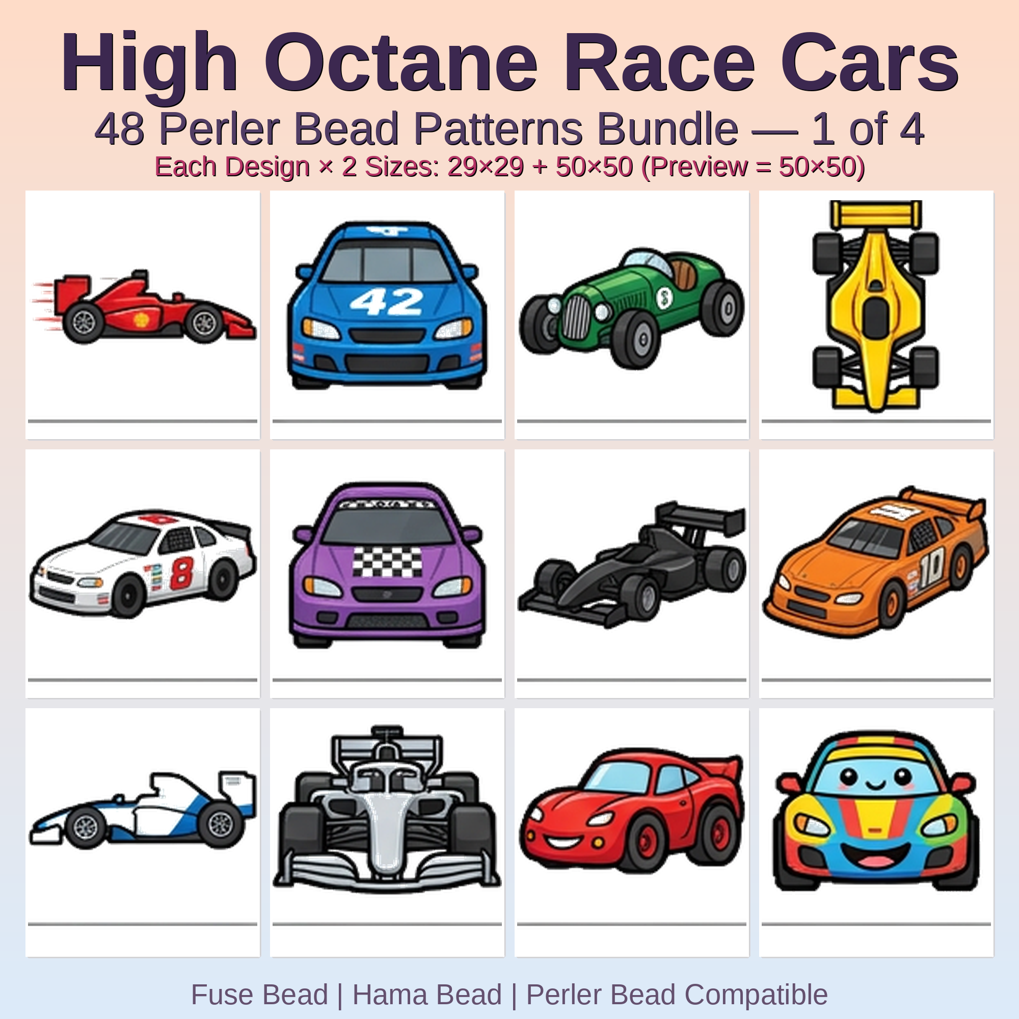 High Octane Race Cars Perler Bead Patterns Bundle, 48 Designs (PDF Digital Download)