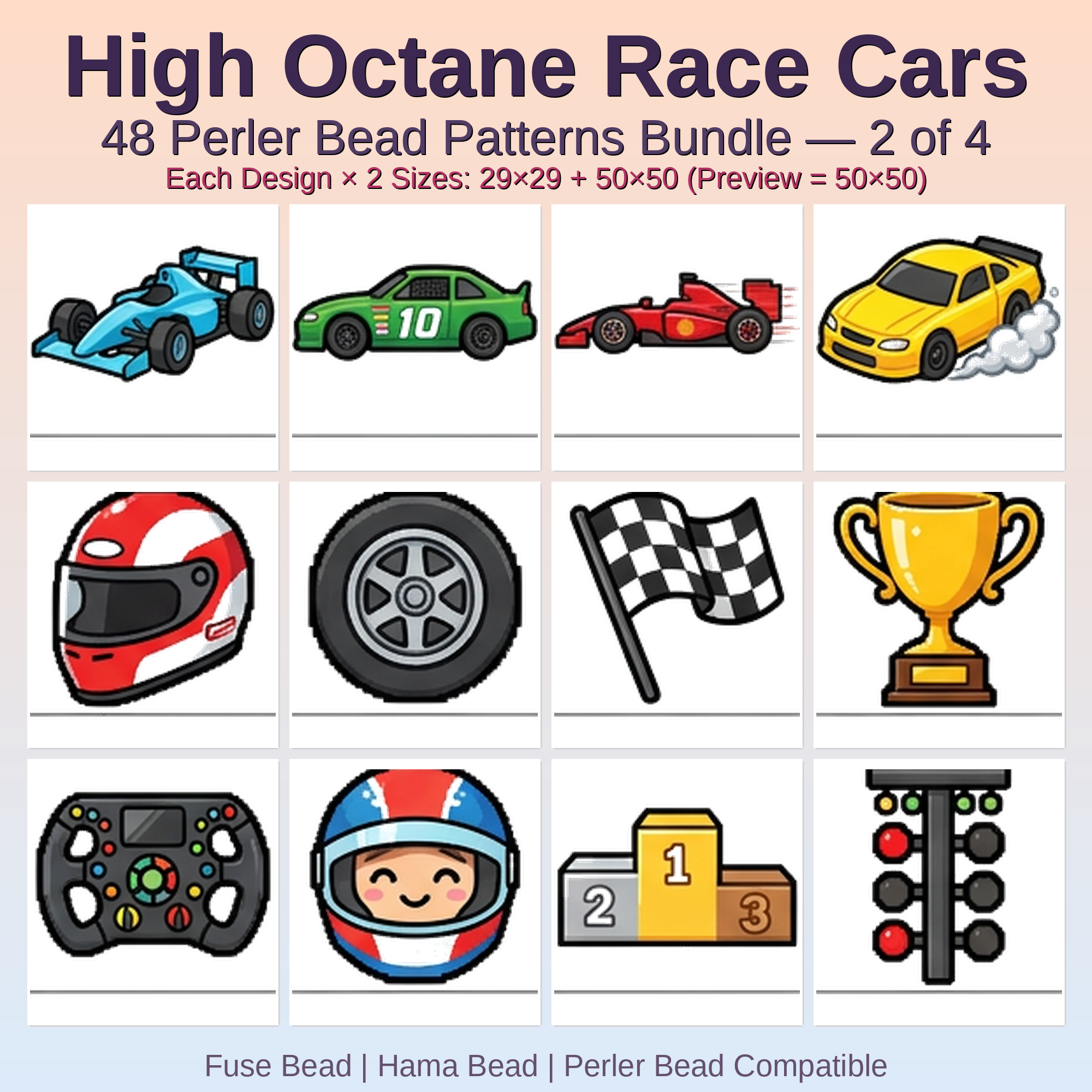 High Octane Race Cars Perler Bead Patterns Bundle, 48 Designs (PDF Digital Download)