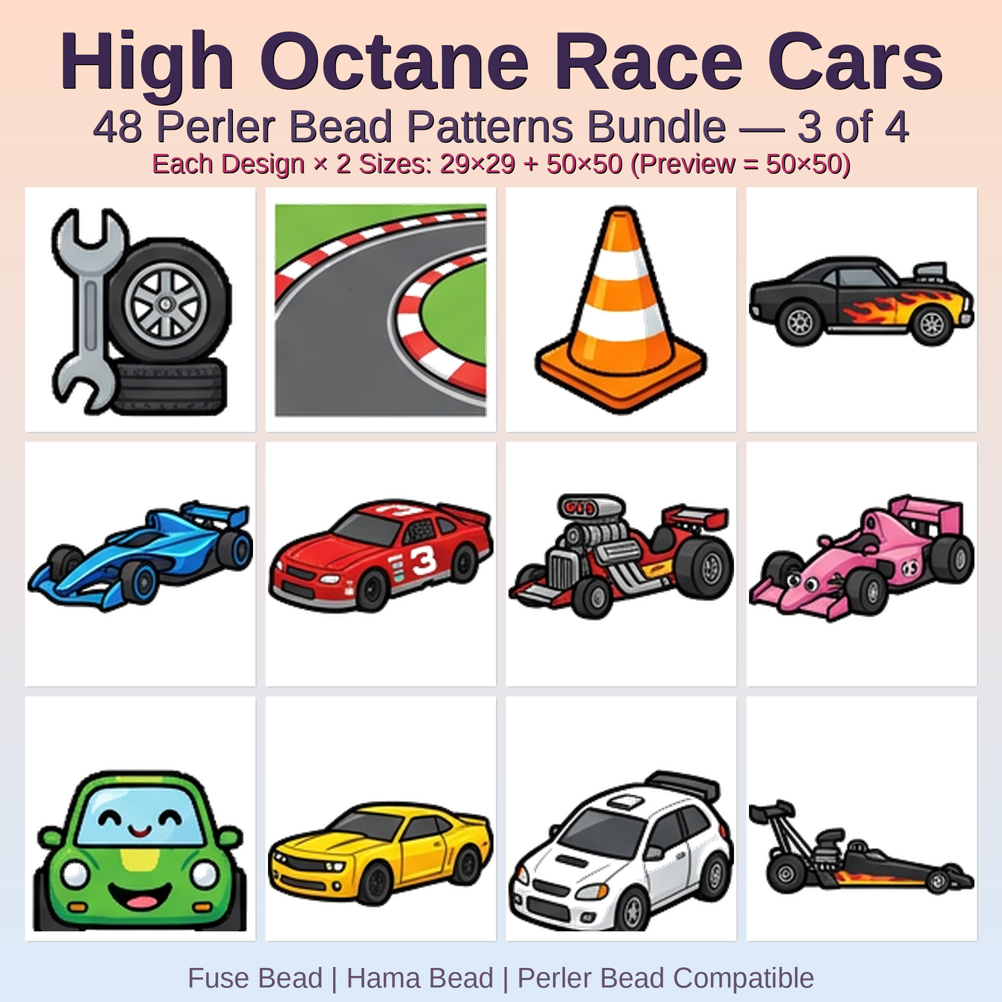 High Octane Race Cars Perler Bead Patterns Bundle, 48 Designs (PDF Digital Download)