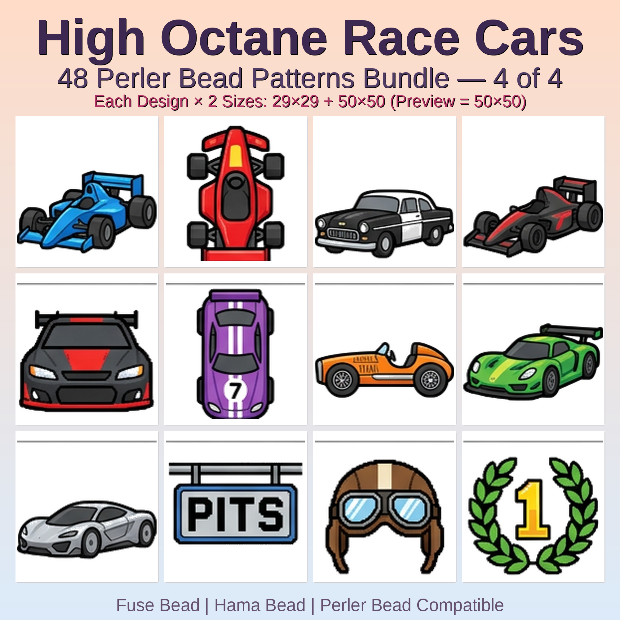 High Octane Race Cars Perler Bead Patterns Bundle, 48 Designs (PDF Digital Download)